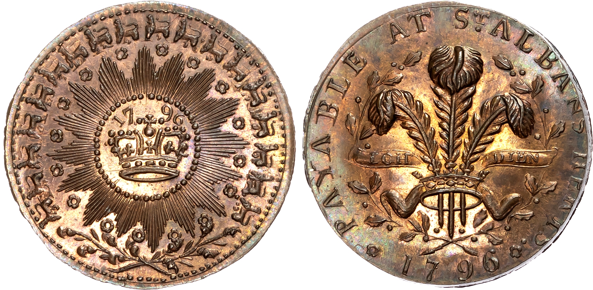 Herts . St. Albans , Denton’s Halfpenny 1796, Prince of Wales’ plumes, rev . Crown within irradiated circle, edge plain, …