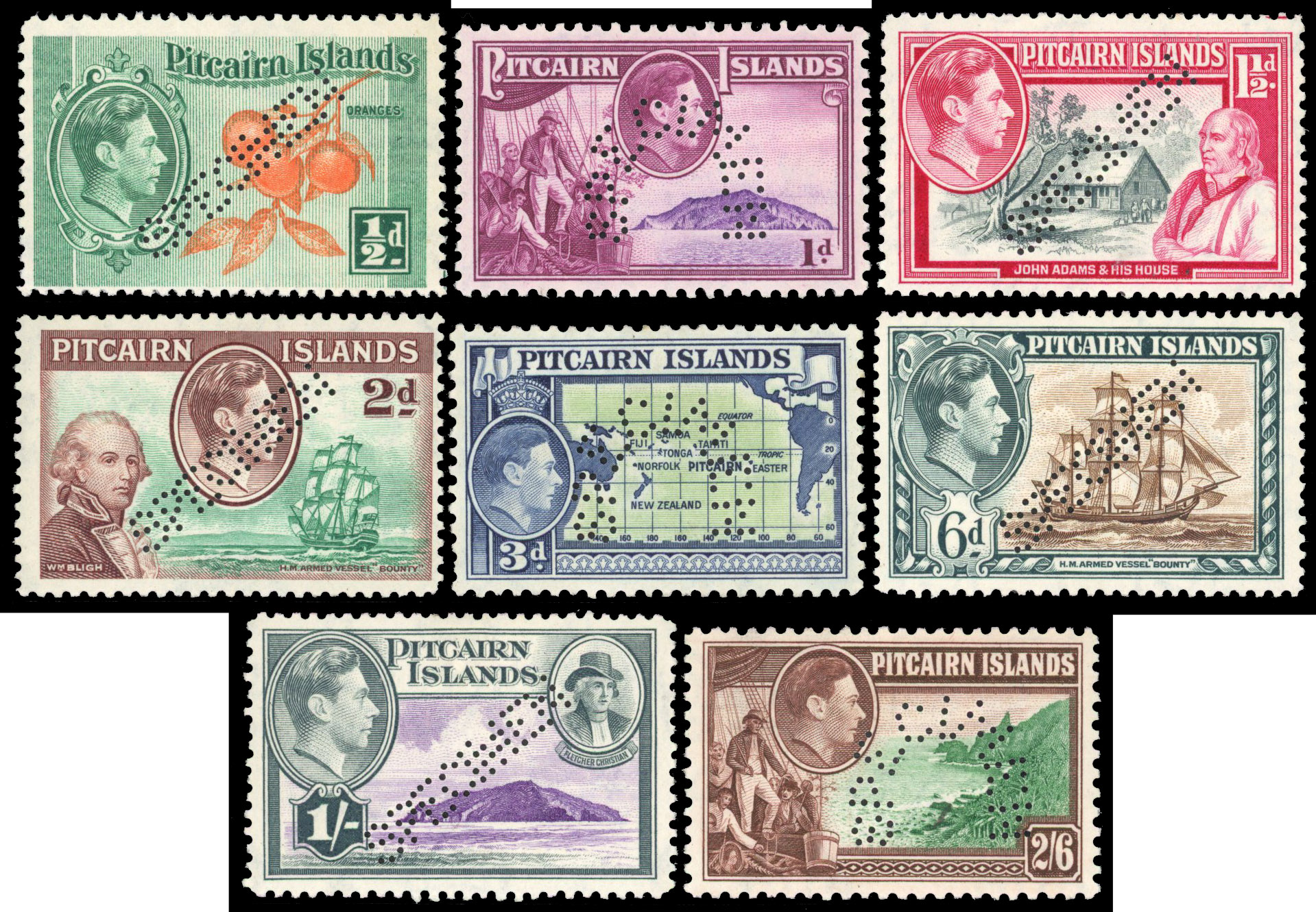 1940 (15 Oct) ½d to3d, 6d, 1s and 2s6d perforated ‘SPECIMEN’, large part og