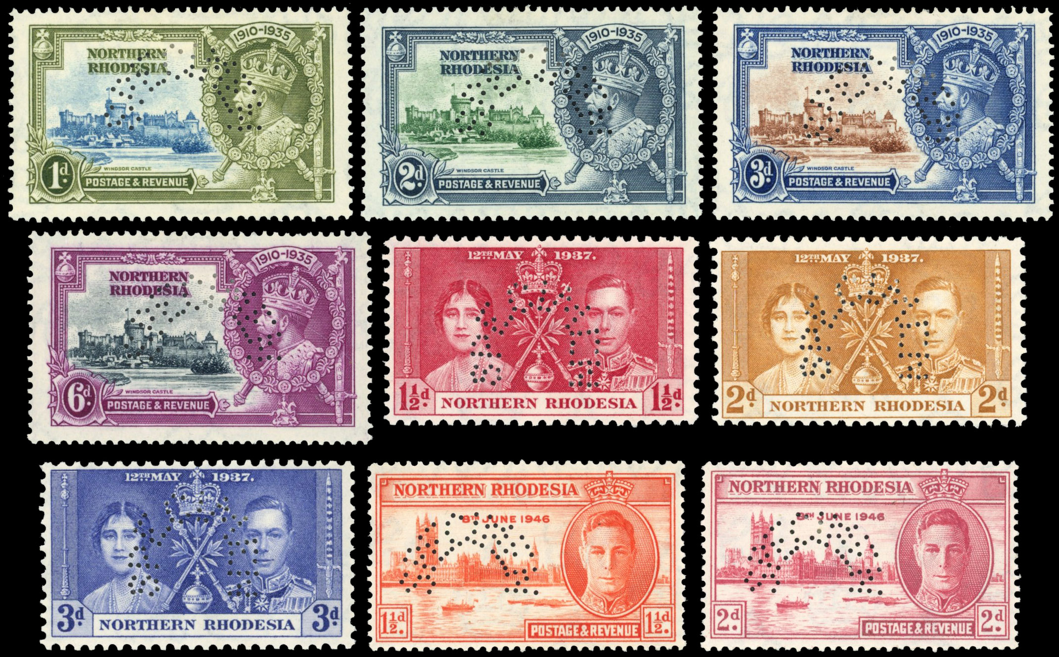 Northern Rhodesia Jubilee, Coronation and Victory Specimen sets