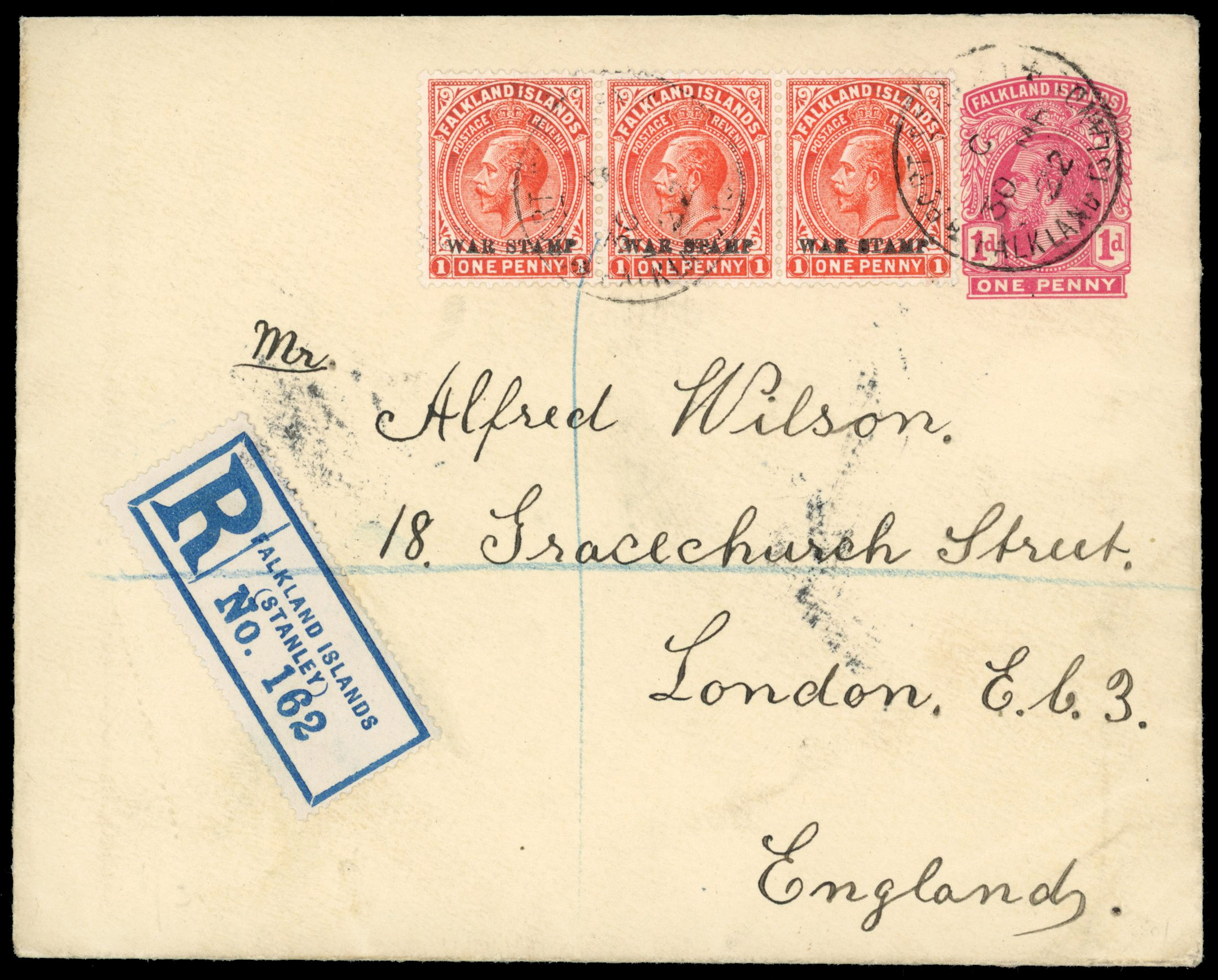 Falkland Is 1922 1d postal stationery envelope uprated and registered to London