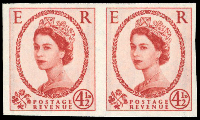1958 4½d chestnut, graphite lined imprimatur, horizontal imperforate pair, ex NPM archive, a few diagonal bends which do