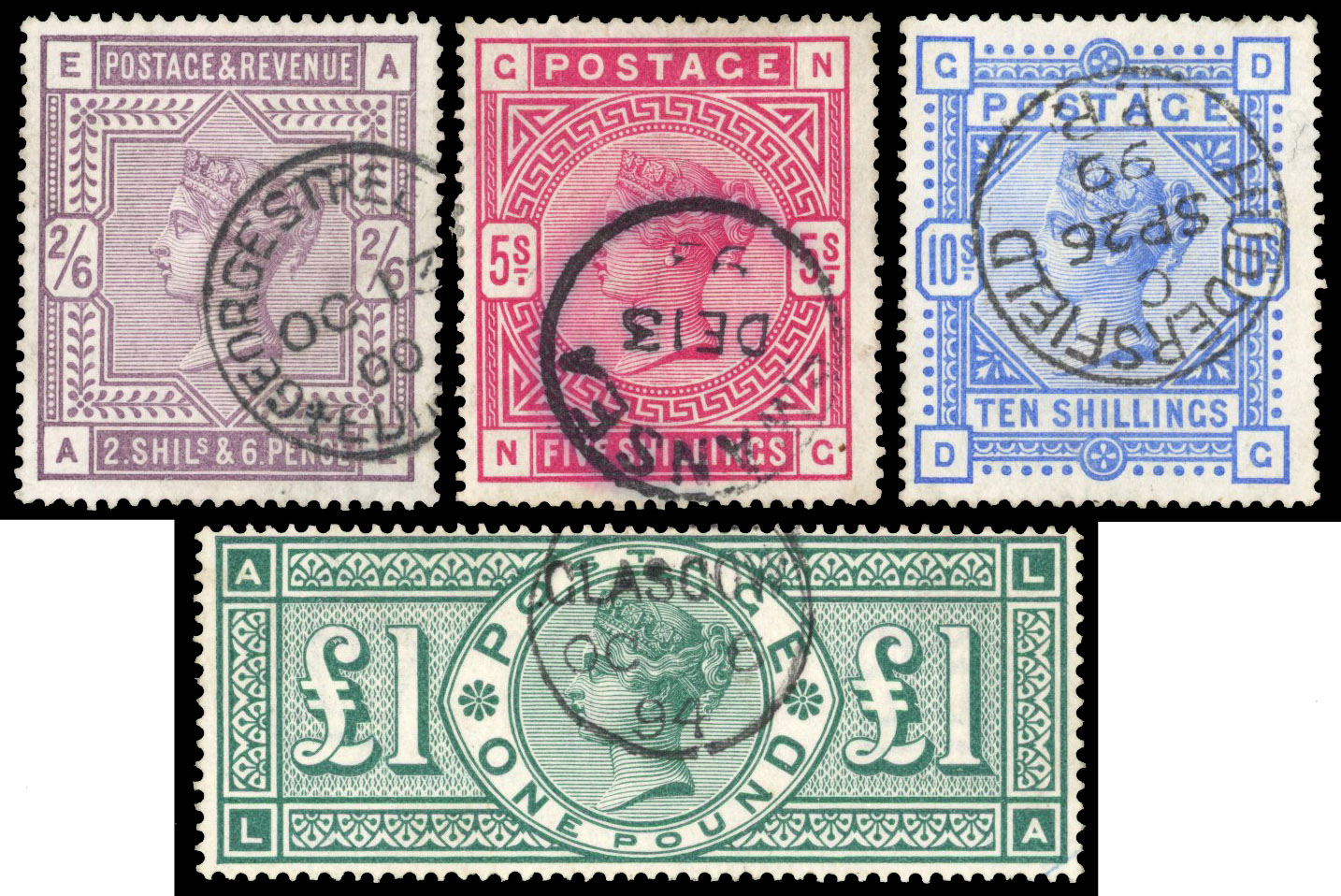 1883-84 2s6d lilac (AE), 5s crimson (NG), 10s ultramarine (DG), 1891 £1 green (LA); all neatly cancelled
