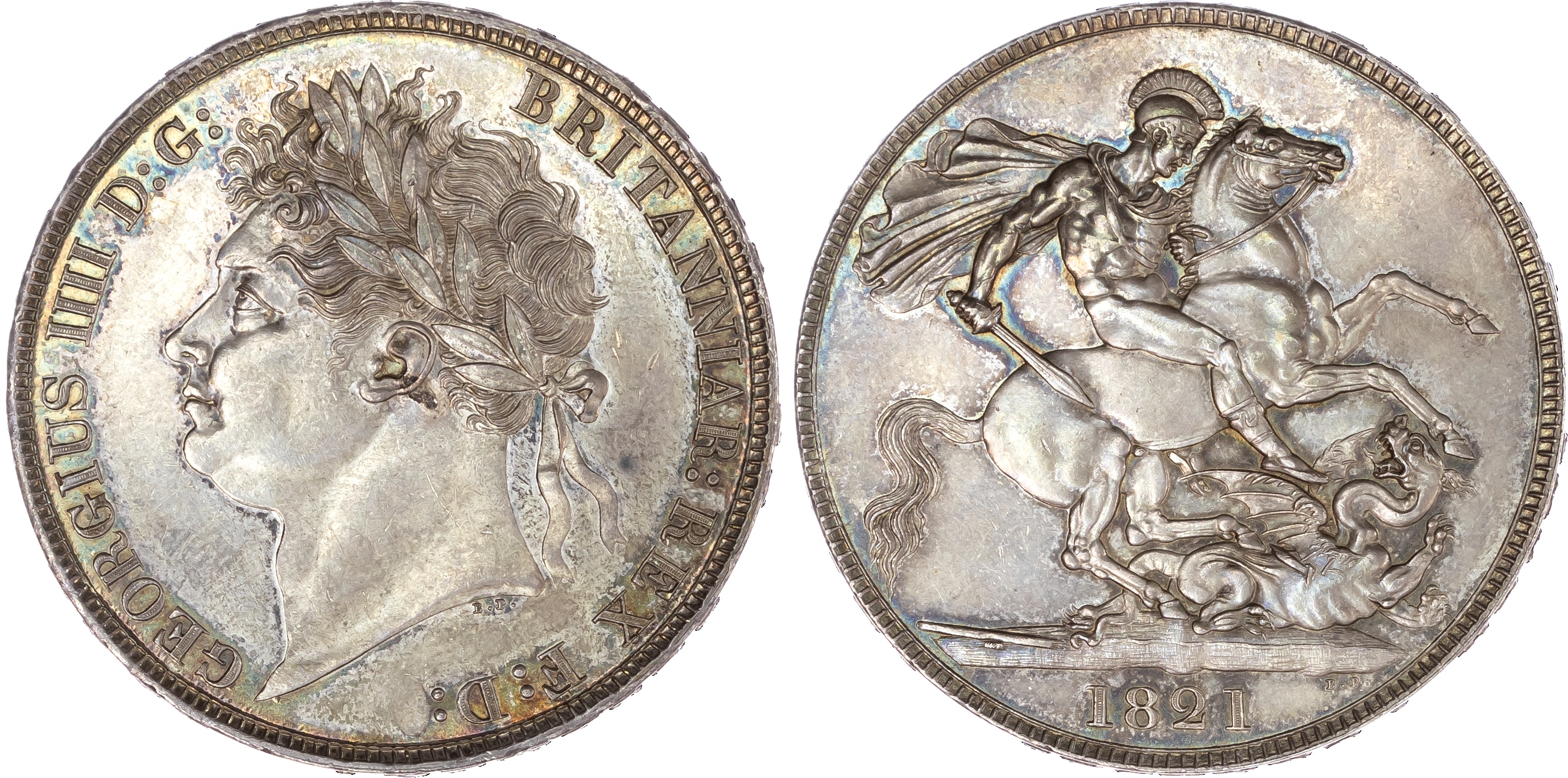 George IV (1820-30), Crown, 1821, laureate head left, legend surrounding GEORGIUS IIII D G BRITANNIAR REX F D. Rev, St