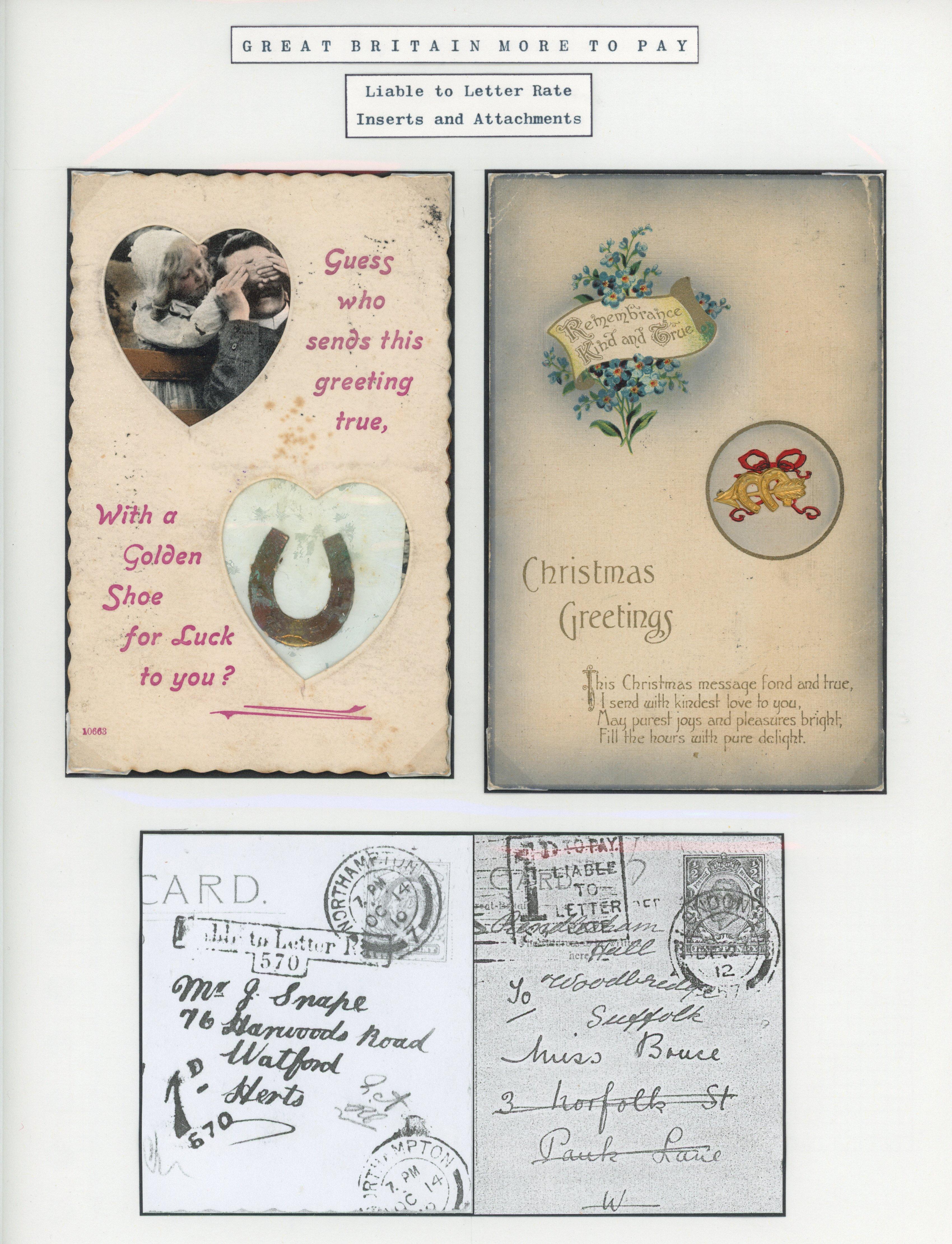 Great Britain 1910-12 pair of novelty postcards with horseshoe attachments and inserts