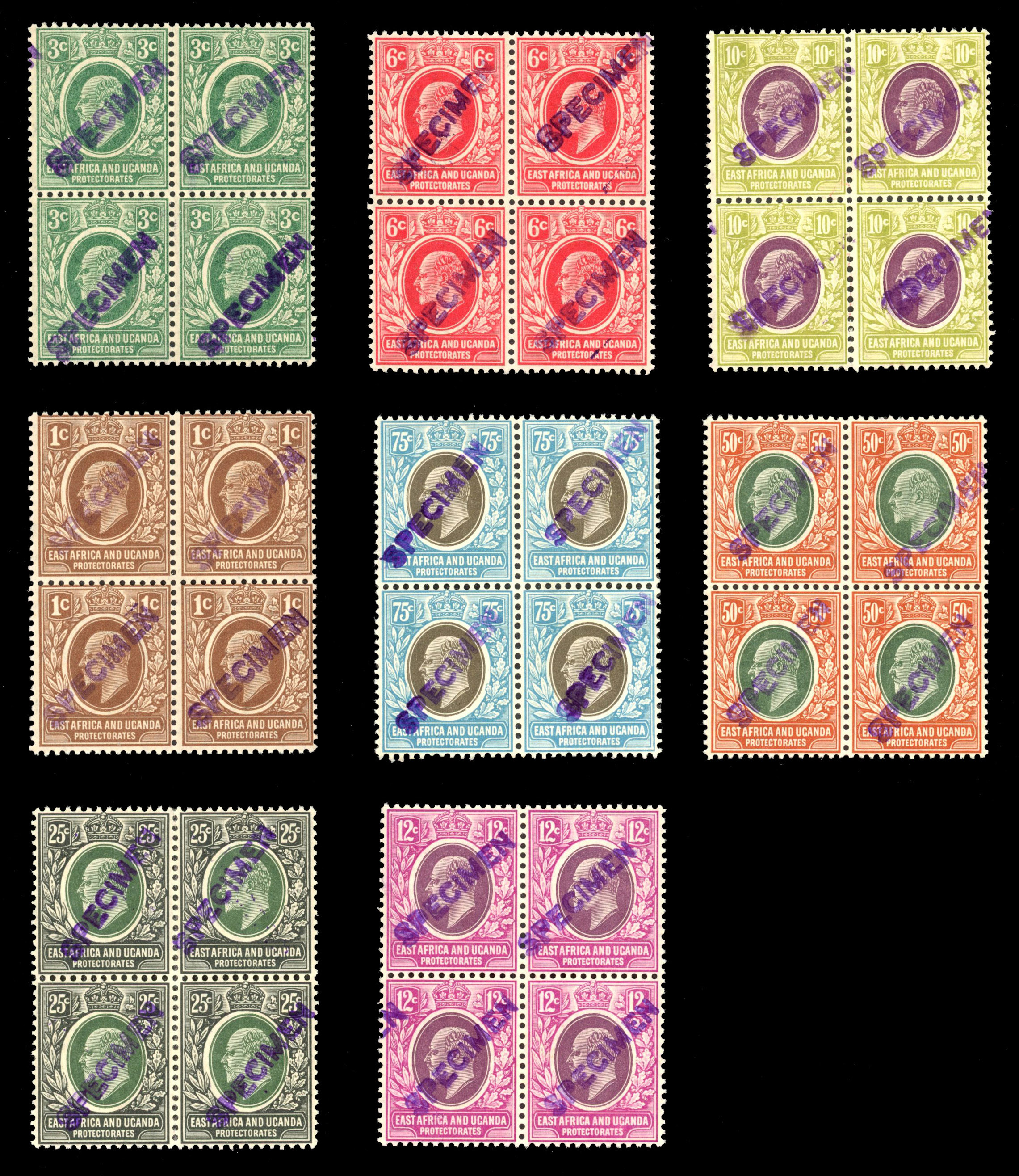 East Africa SG 34s-42s less 39s 1907-8 set blocks less 15c local SPECIMEN handstamps