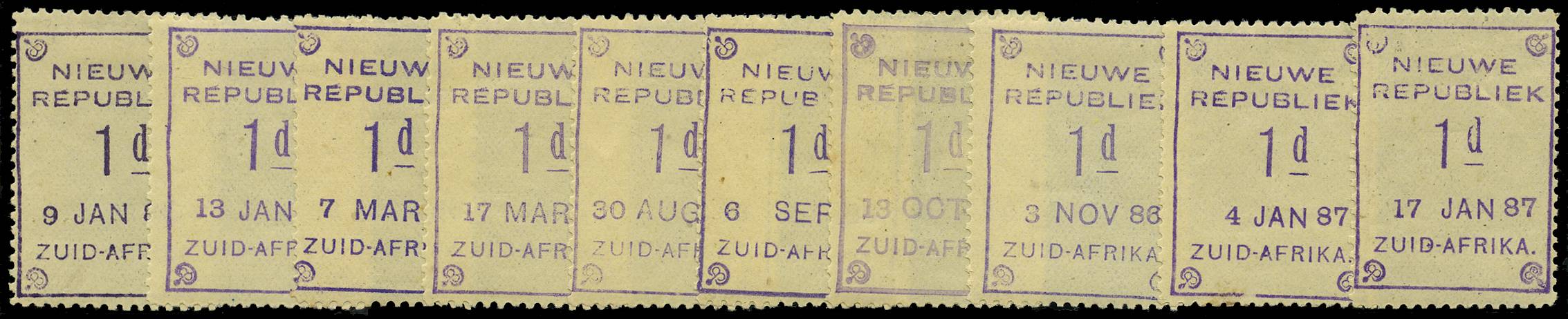 NEW REPUBLIC SG 2 1886-87 1d VIOLET ON YELLOW x10 DIFFERENT DATES LPOG