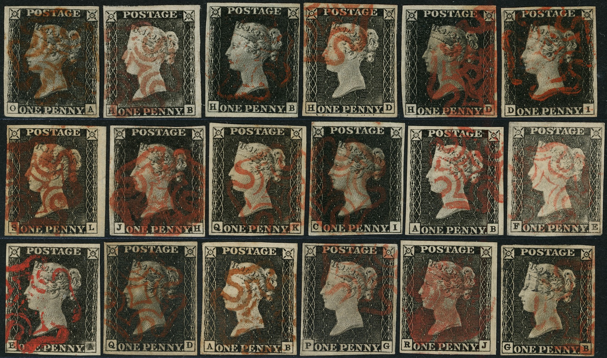 1840 1d black unplated range of fifteen, all four...