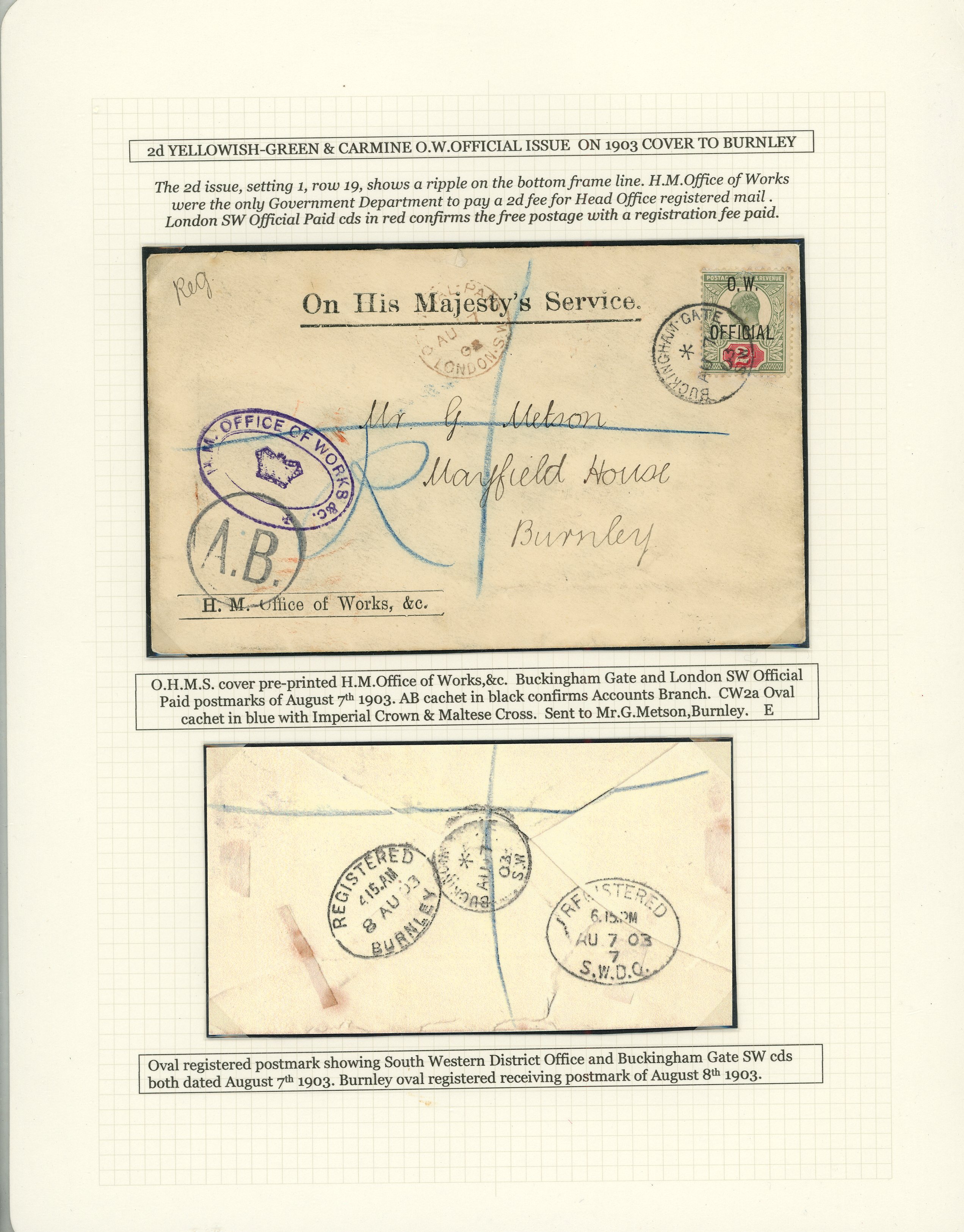 1903 OHMS registered cover to Burnley bearing 19025-03 2d yellowish green AND carmine red neatly tied