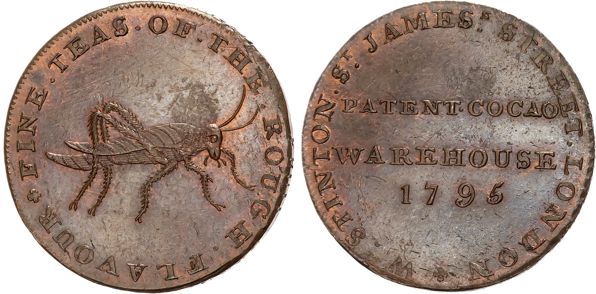 London , St. James St. William Stinton (grocer & tea-dealer) Halfpenny 1795, A grasshopper (name of his shop), rev. 3-li …