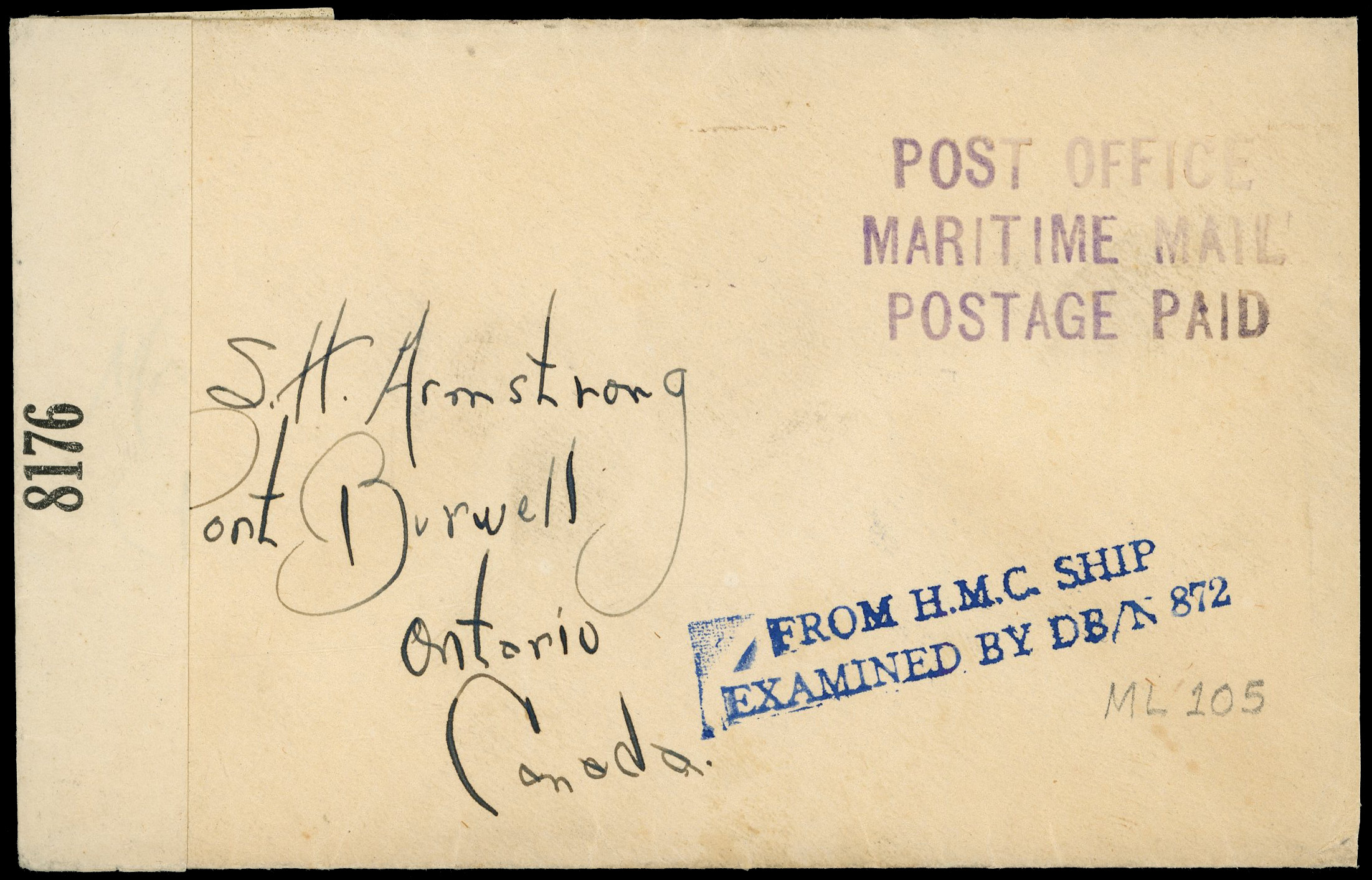 POSTAL HISTORY: 1944 (circa) rare BERMUDA CL6e label on Royal Canadian Naval Mail,