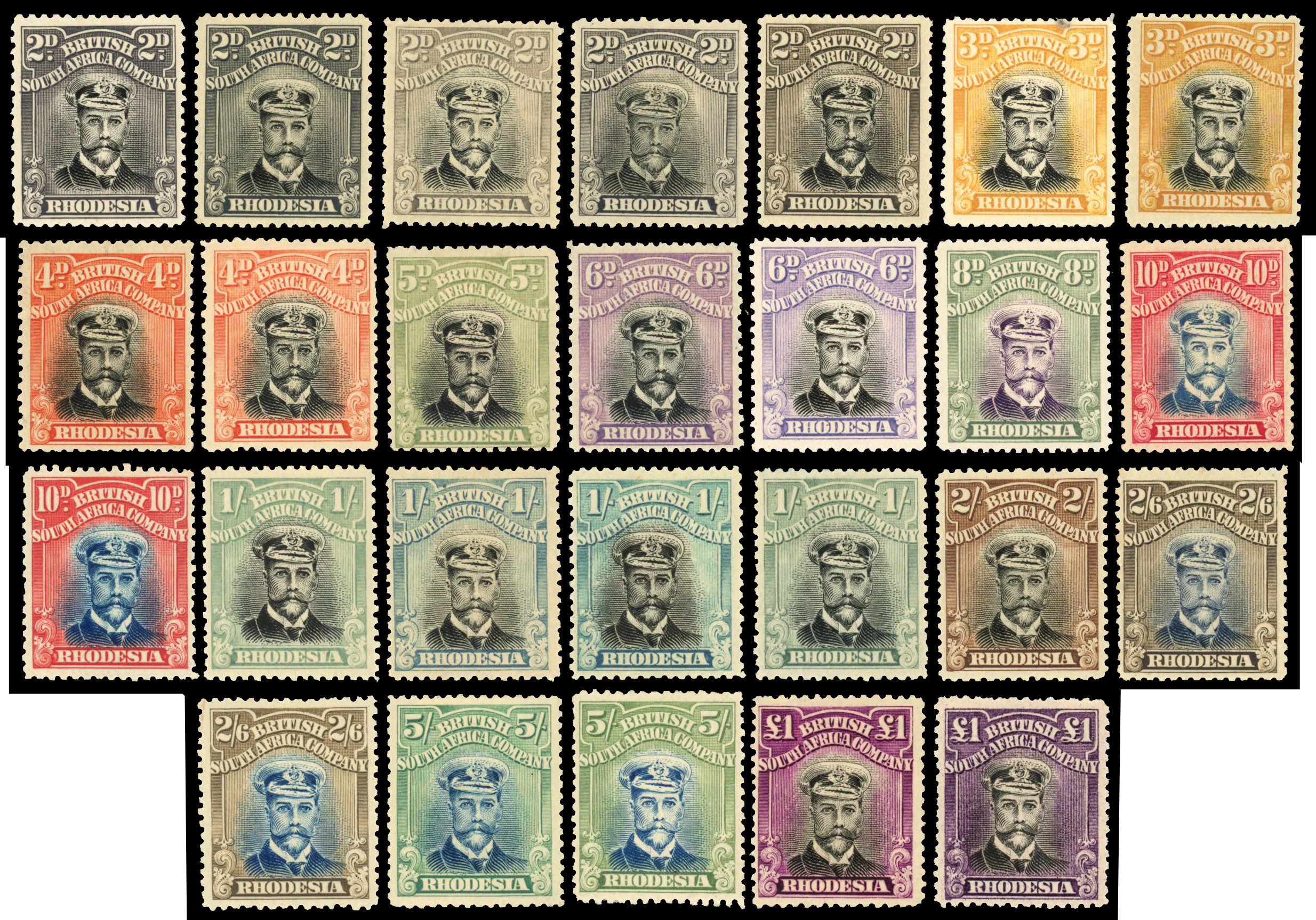 Rhodesia 1918-21 2d to £1 die IIIB perf 14