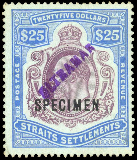 Straits Postage & Revenue 1911 $25 Specimen and Ultramar