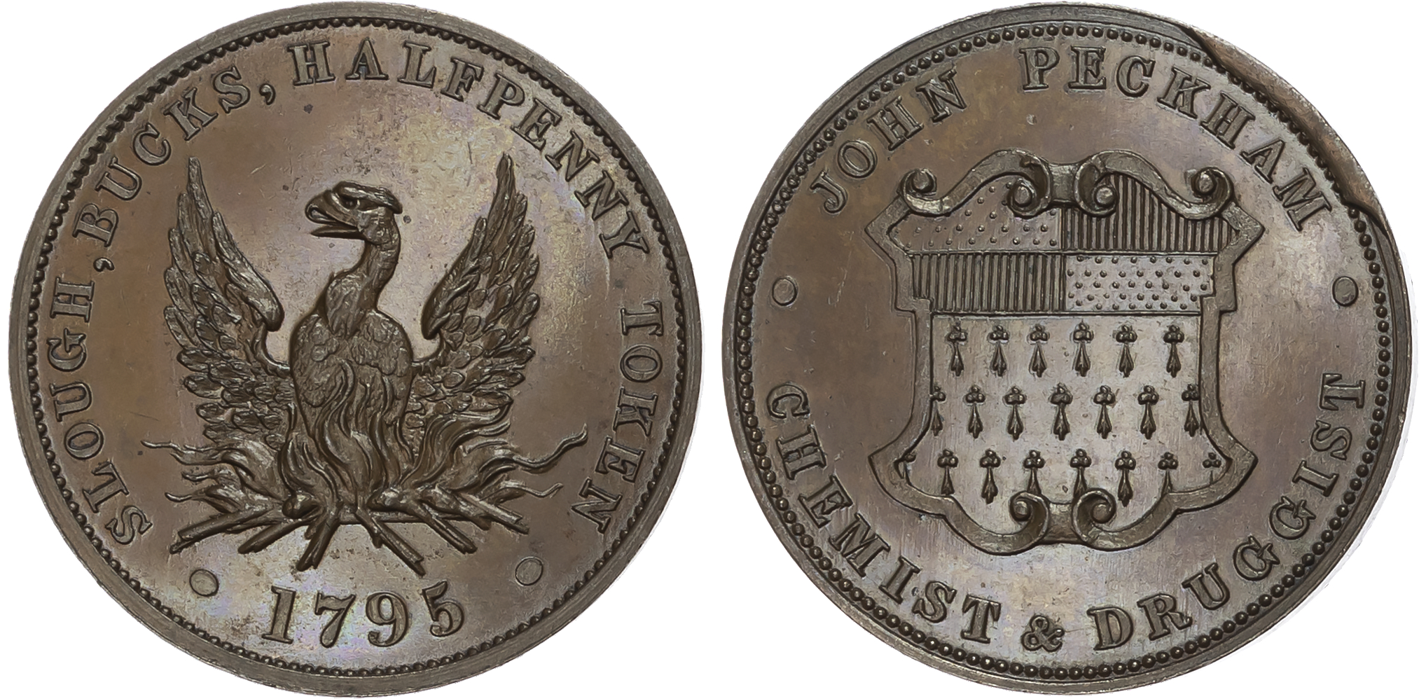 Bucks. Slough , John Peckham (chemist and druggist) Halfpenny 1795, arms of the Peckham family, rev. phoenix, edge plain …