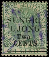 1891 2c on 24c green surcharged Type 32, rather attractively cancelled with part barred obliterator and CDS in violet.  SG...