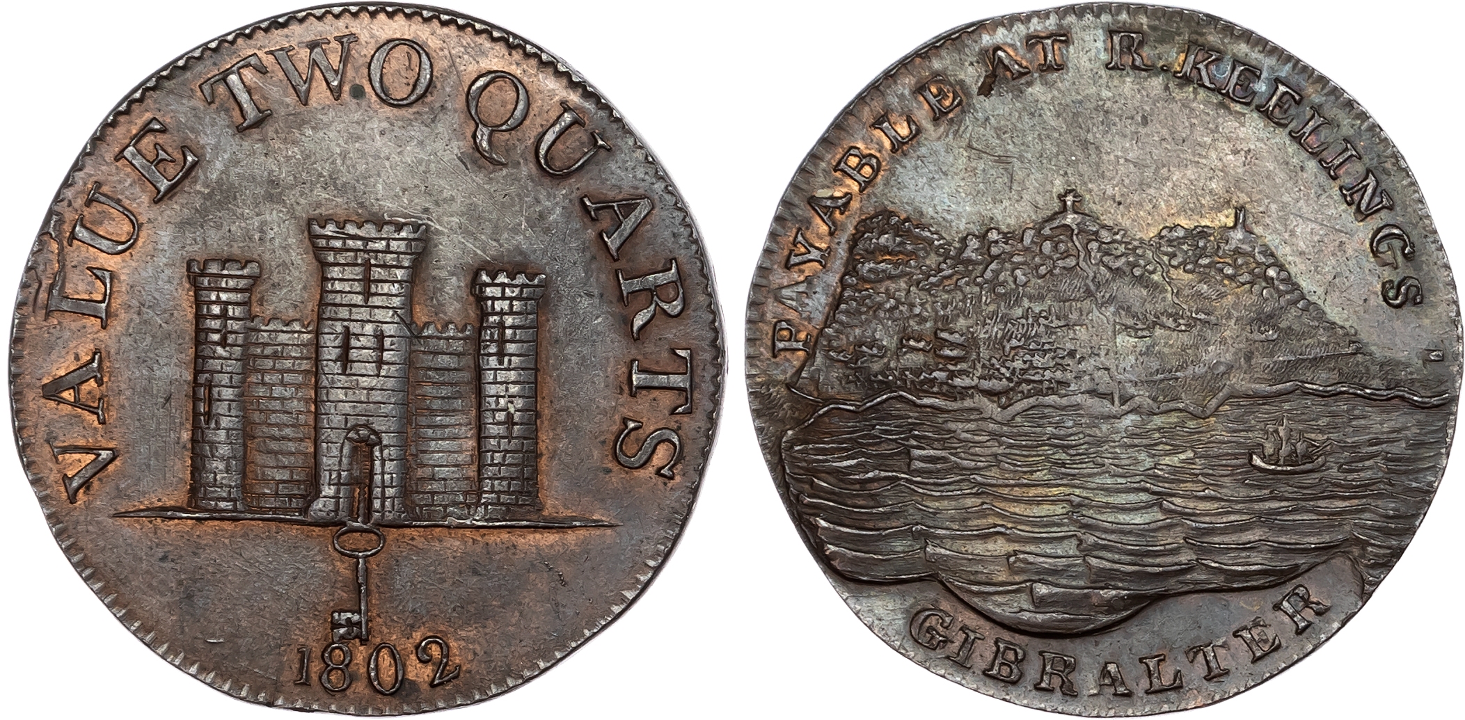 GIBRALTAR. temp. George III 1760-1820, AE Two Quartos 1802, issued by Robert Keeling.