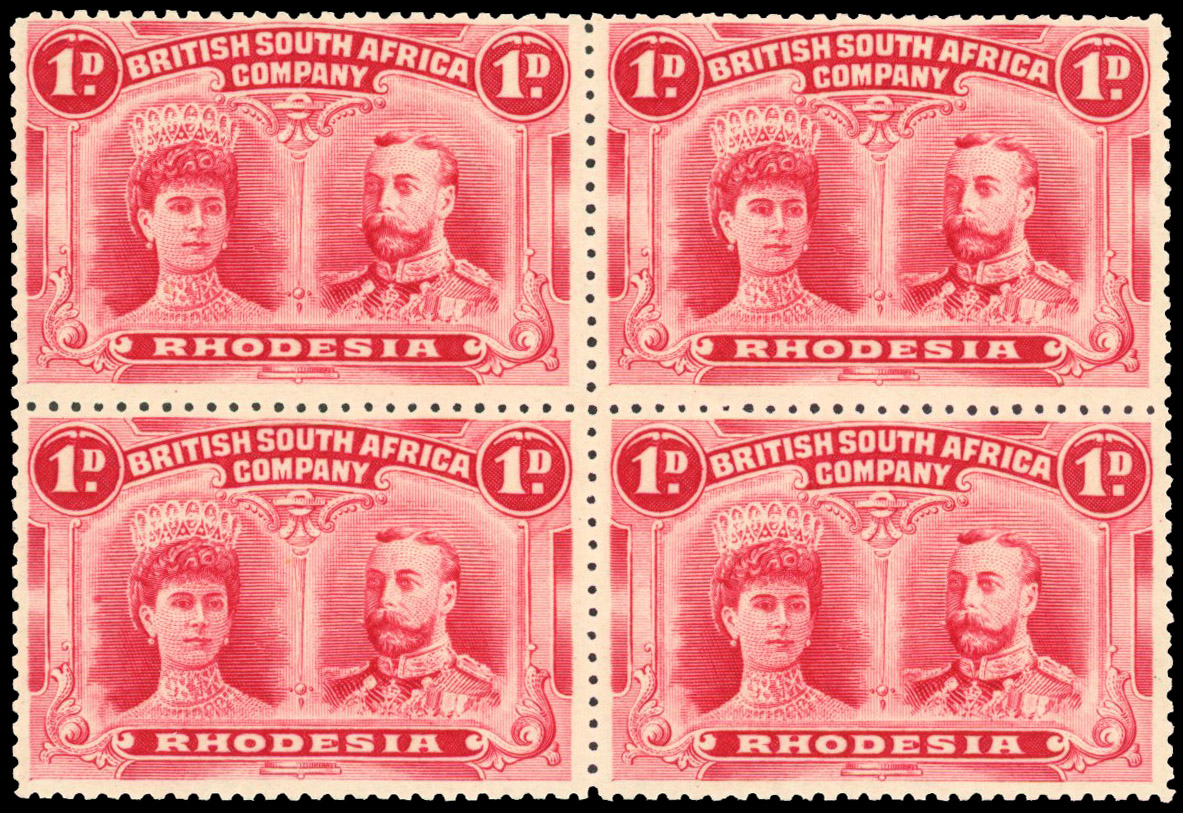 Rhodesia 1910-13 1d bright carmine perf 14 block of 4