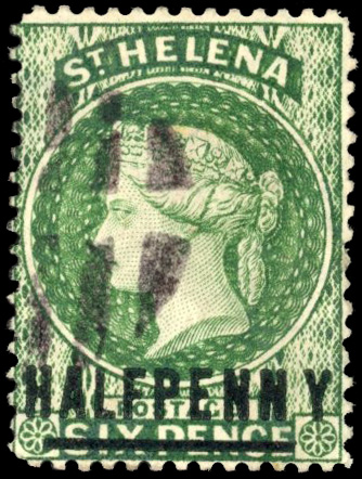St Helena SG 34a 1884 ½d green with spaced 'NY' used