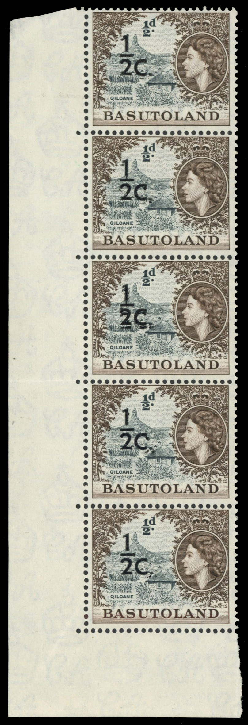 Basutoland SG 58a ½c surcharge double strip of 5 mint