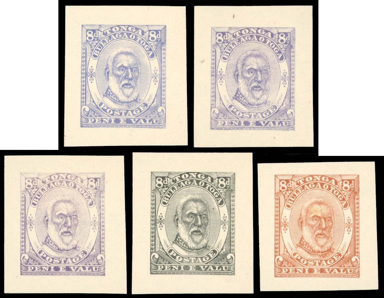 Tonga SG 13 1892 8d Die Proofs in five different colours