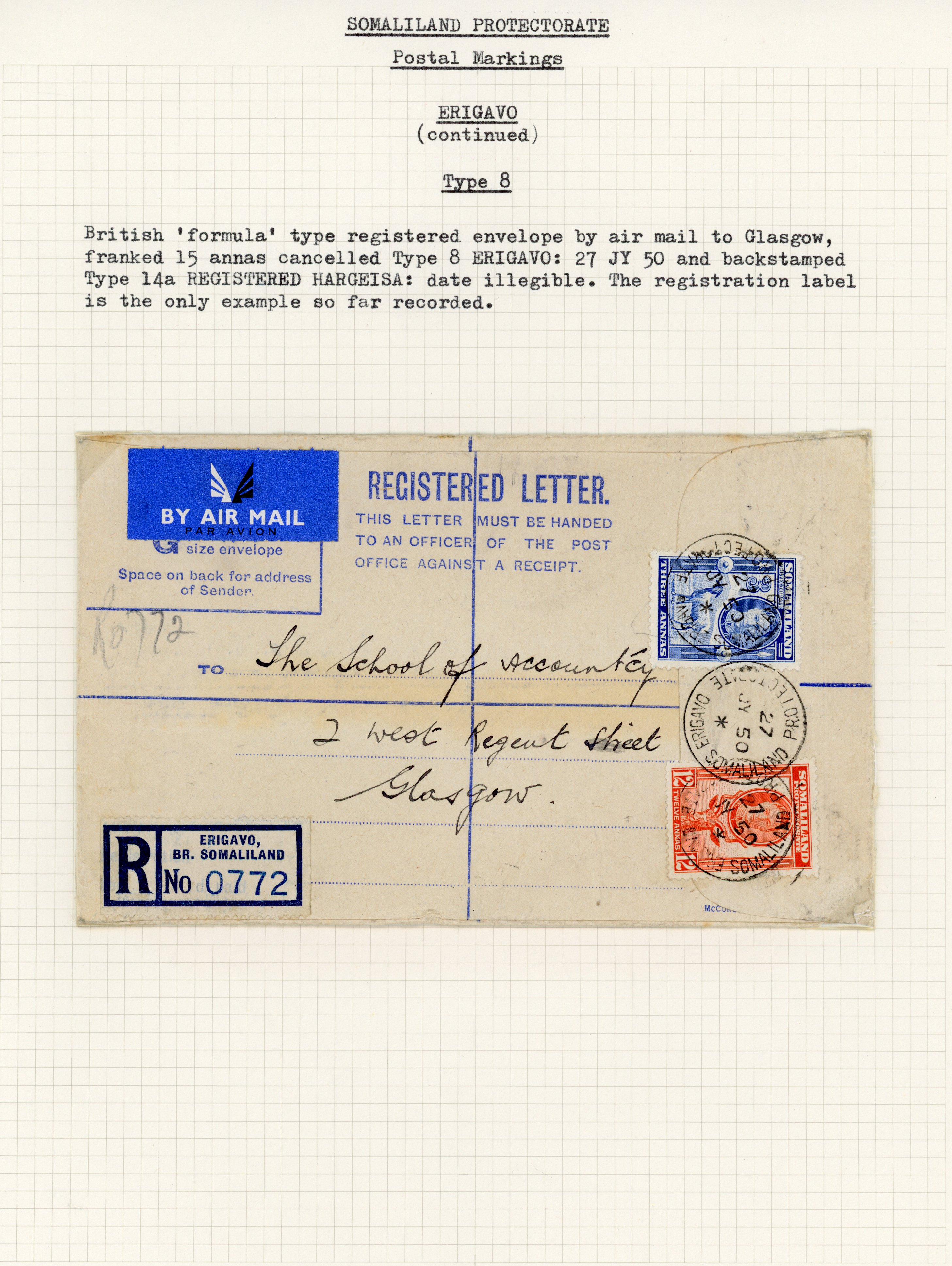 Somaliland 1950 registered envelope from Erigavo