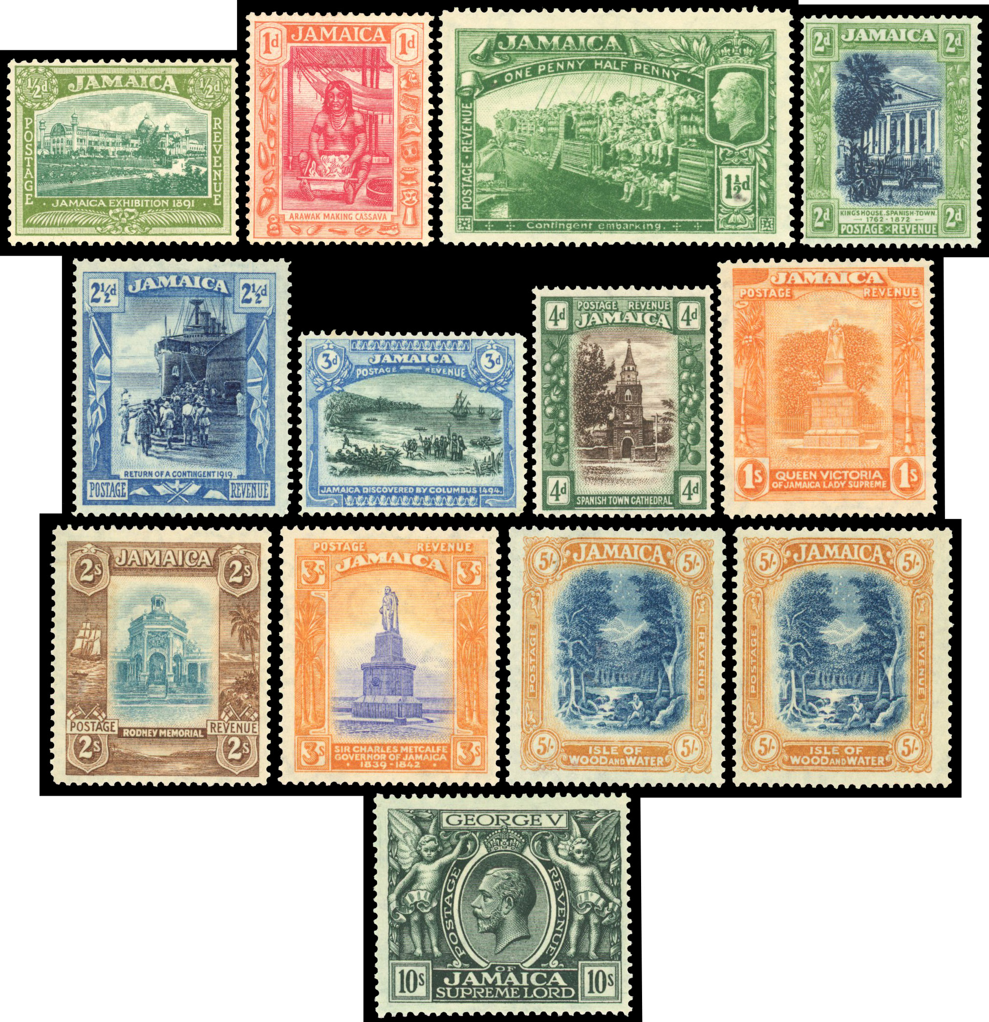 Jamaica 1919-21 pictorial set to 10s including blocks of 4