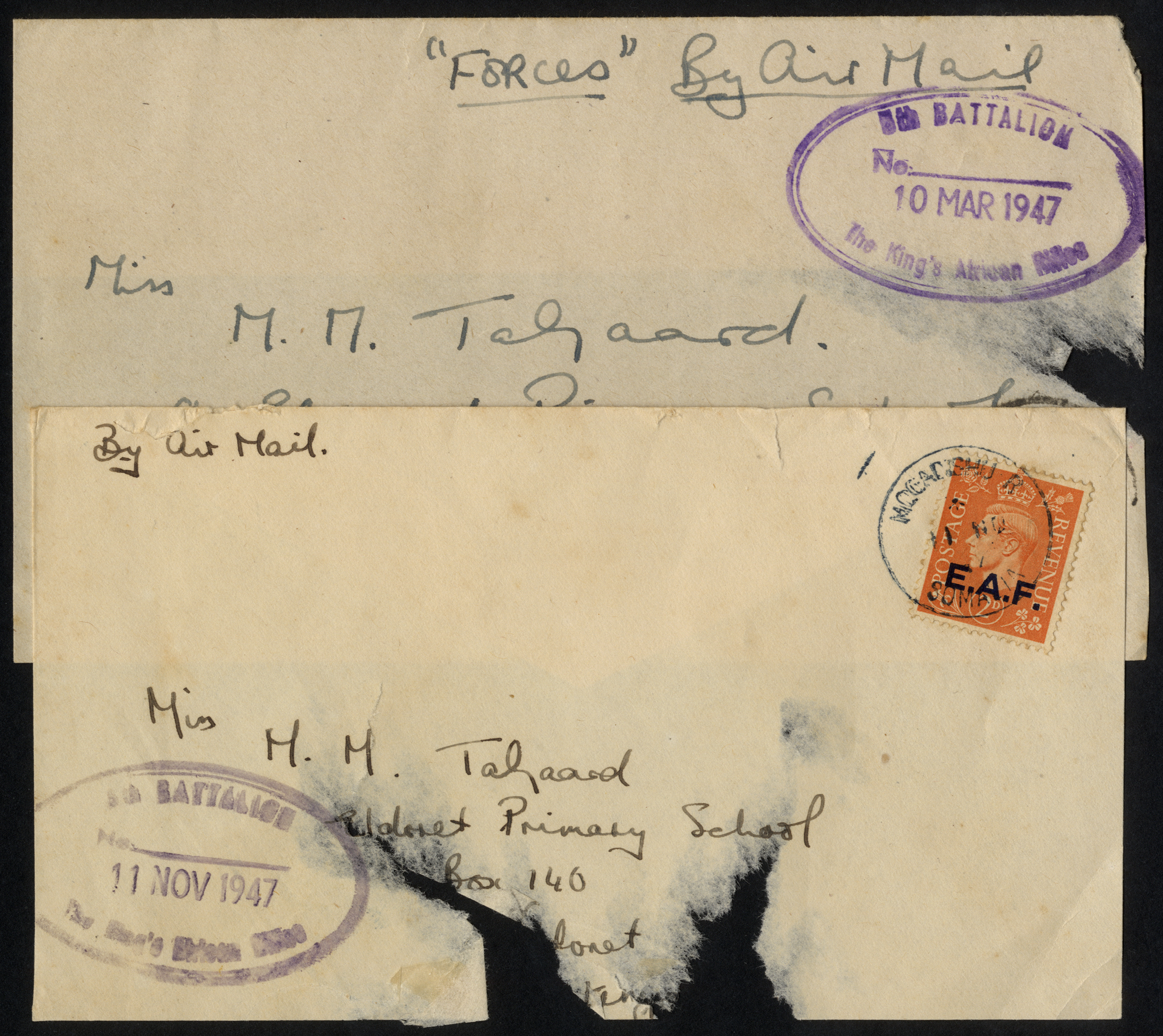 1947 two damaged fronts, one from Hargeisa (11th March) with violet 5th Battalion King's African Rifles cachet, stampless...
