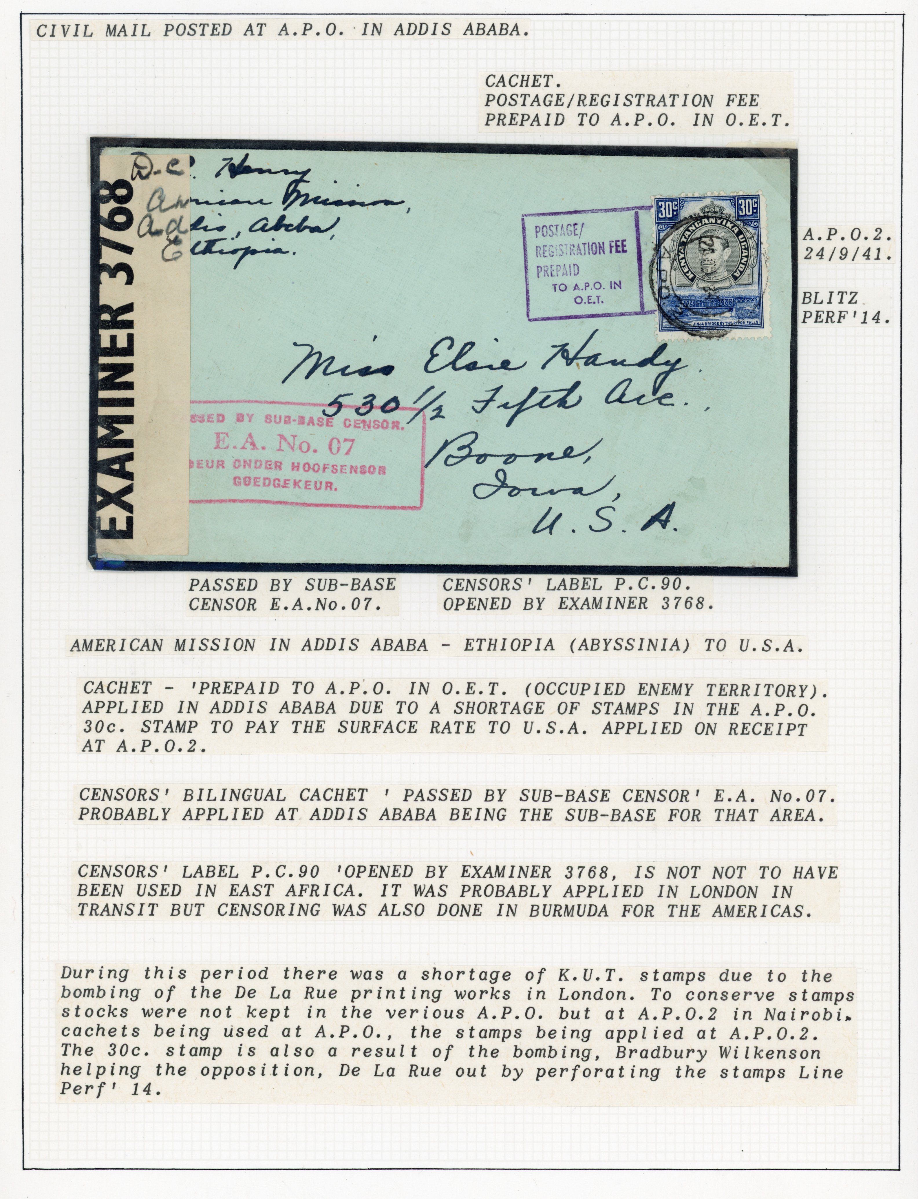 East Africa 1941 censored cover from Ethiopia