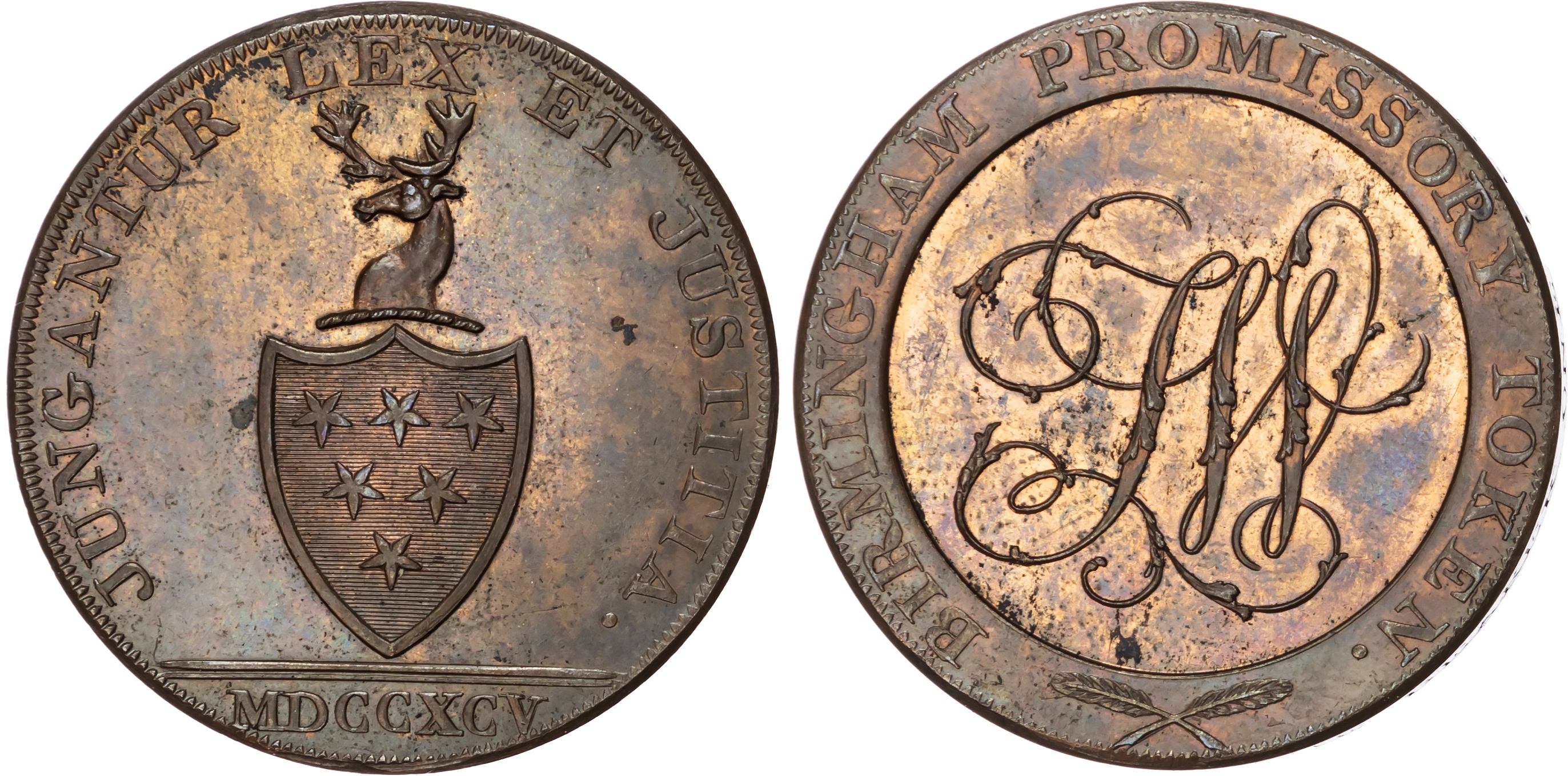 Warks. Birmingham , Thomas Welch (lawyer) Penny 1795, arms with stag’s head crest, rev .TW cypher, edge ON DEM…