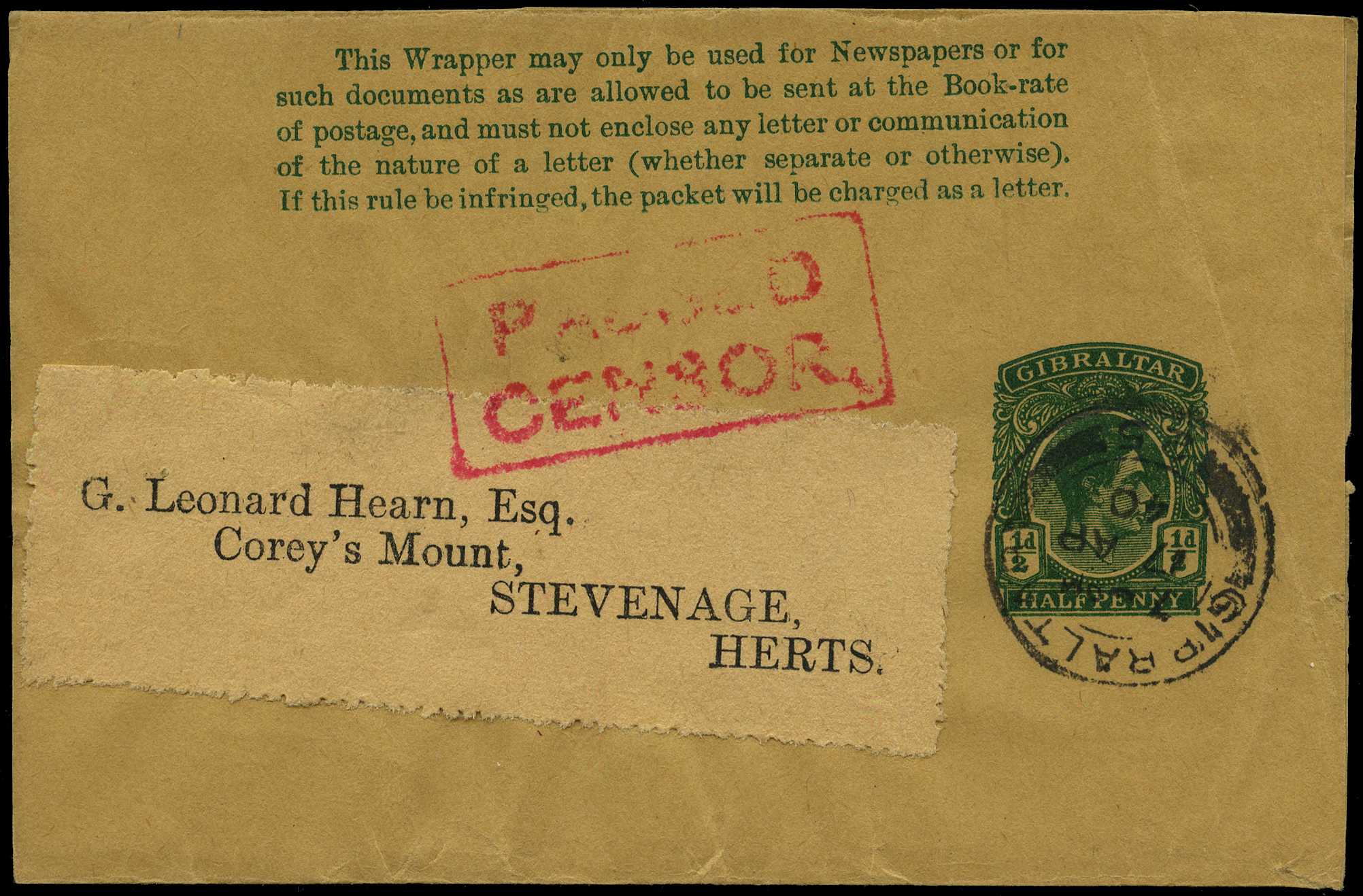 Gibraltar 1938 ½d wrapper used