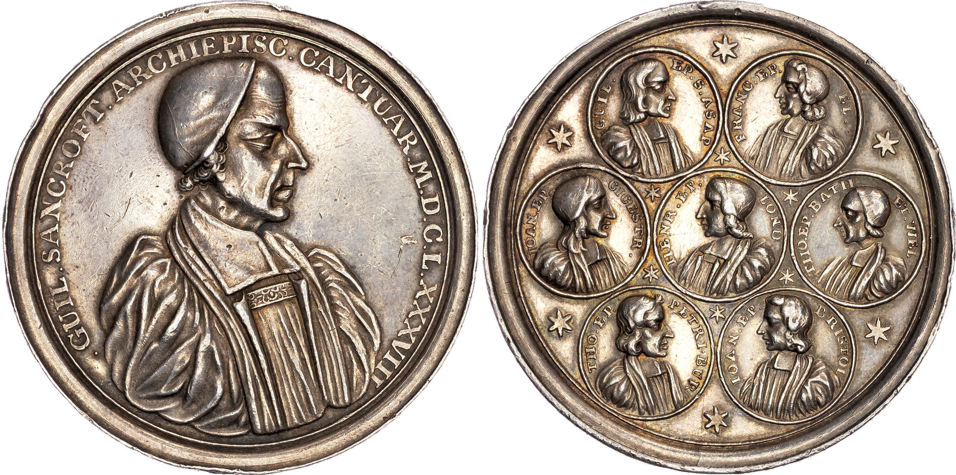 Charles II, Archbishop William Sancroft and the Seven Bishops, 1688, silver medal, unknown maker.