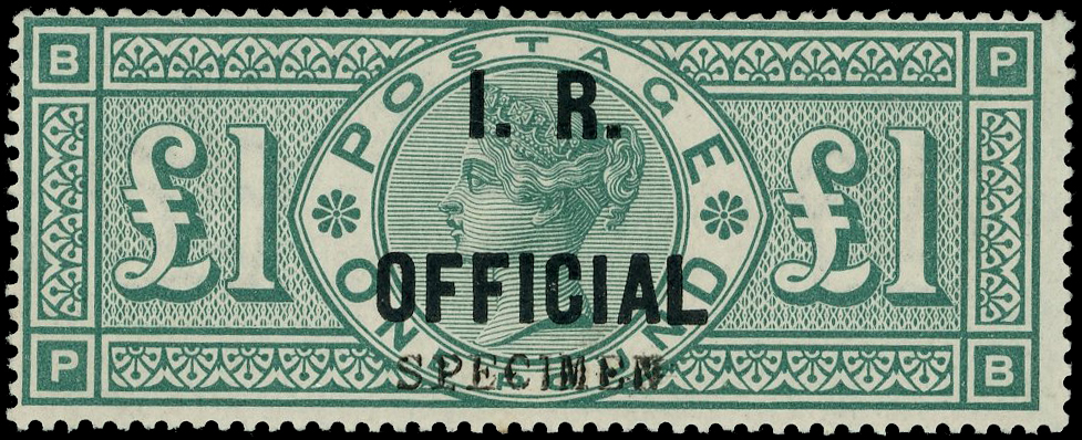 GB: 1885 £1 green overprinted “SPECIMEN” (type 9) RPS certificate (2016), good colour, fine og. SG O16s/Spec L11s