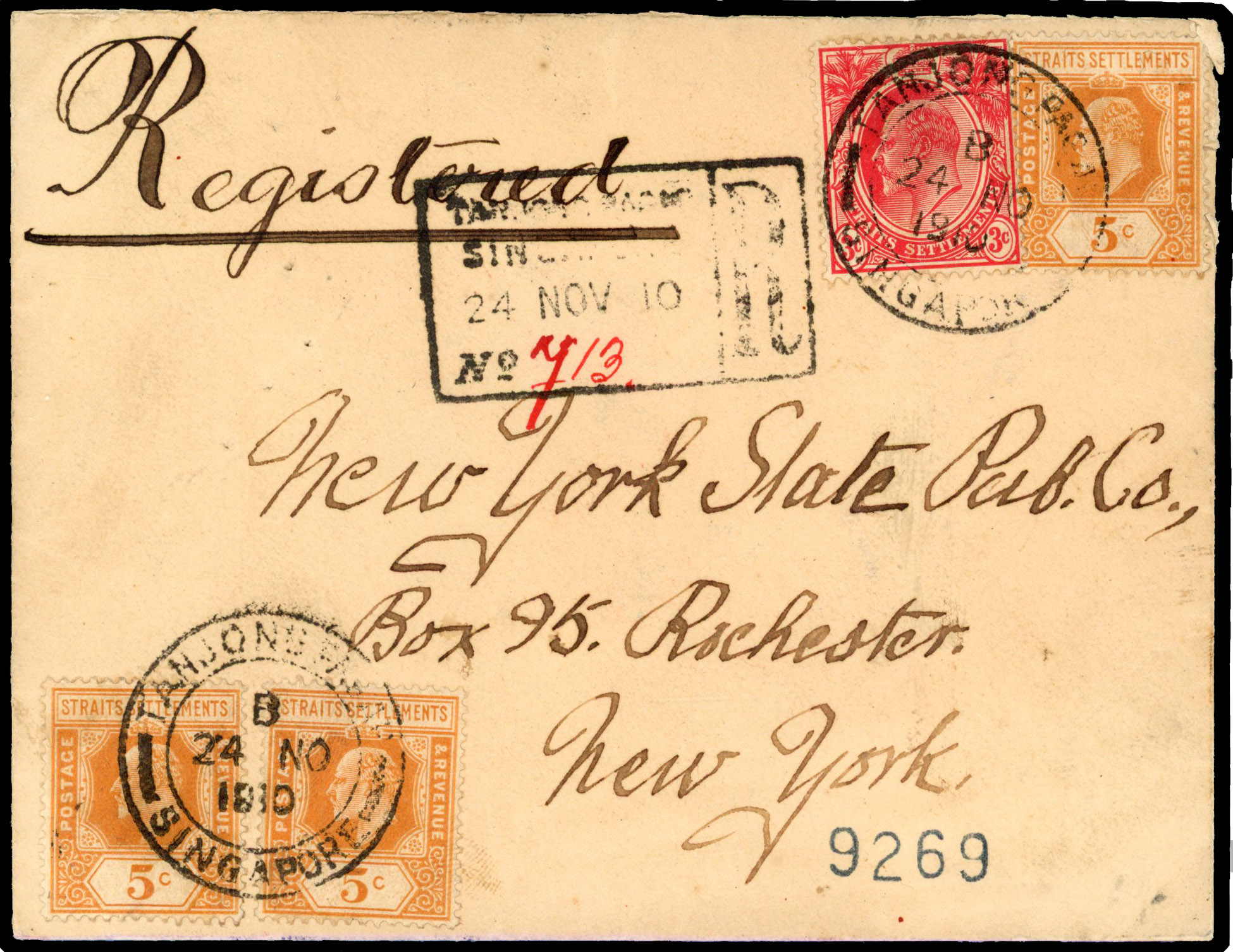 Straits Settlements 1910 registered cover from Tanjong Pagar to New York