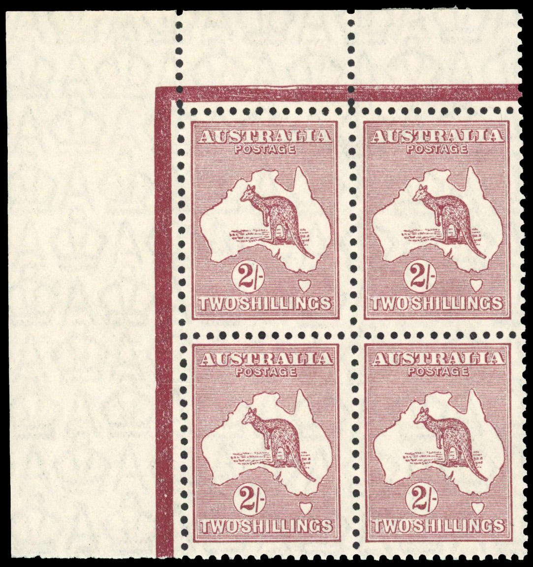 Australia SG 110 1929-30 2s maroon unmounted corner block of 4