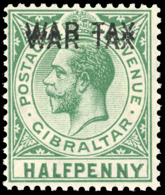 Gibraltar 1918 War Tax ½d green error overprint double unmounted