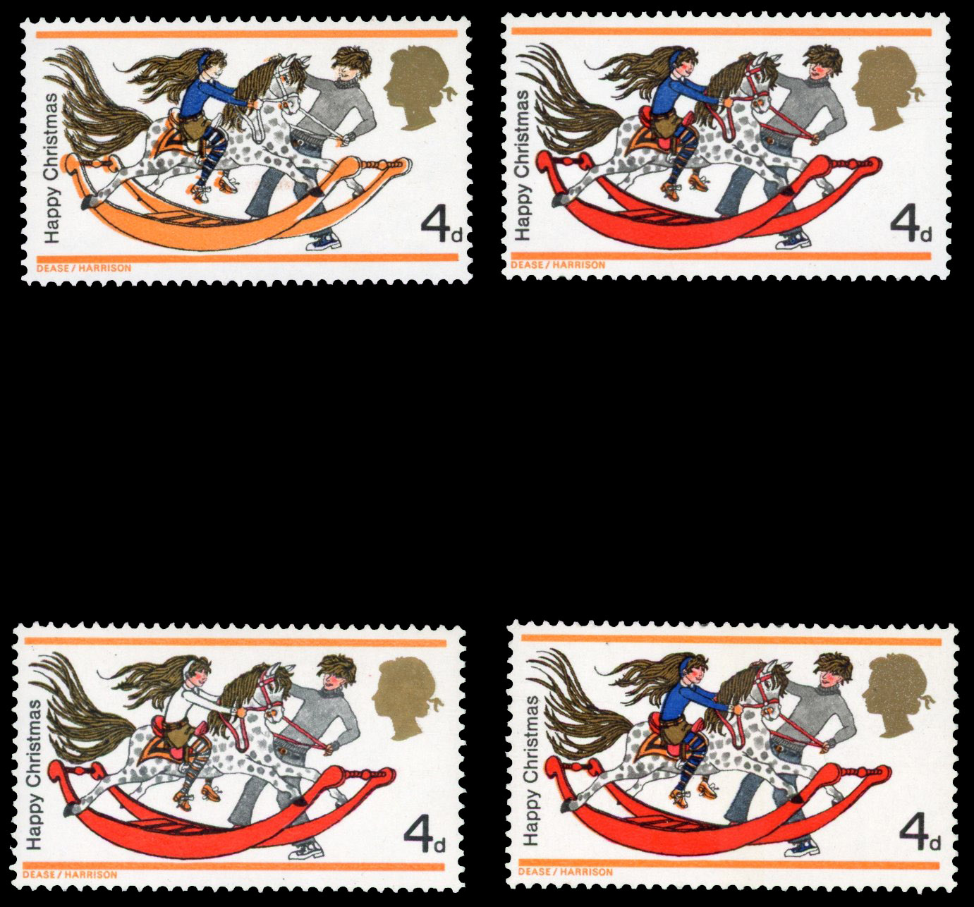 1968 Christmas 4d vermilion omitted and 4d ultramarine omitted both offered with normal for comparison