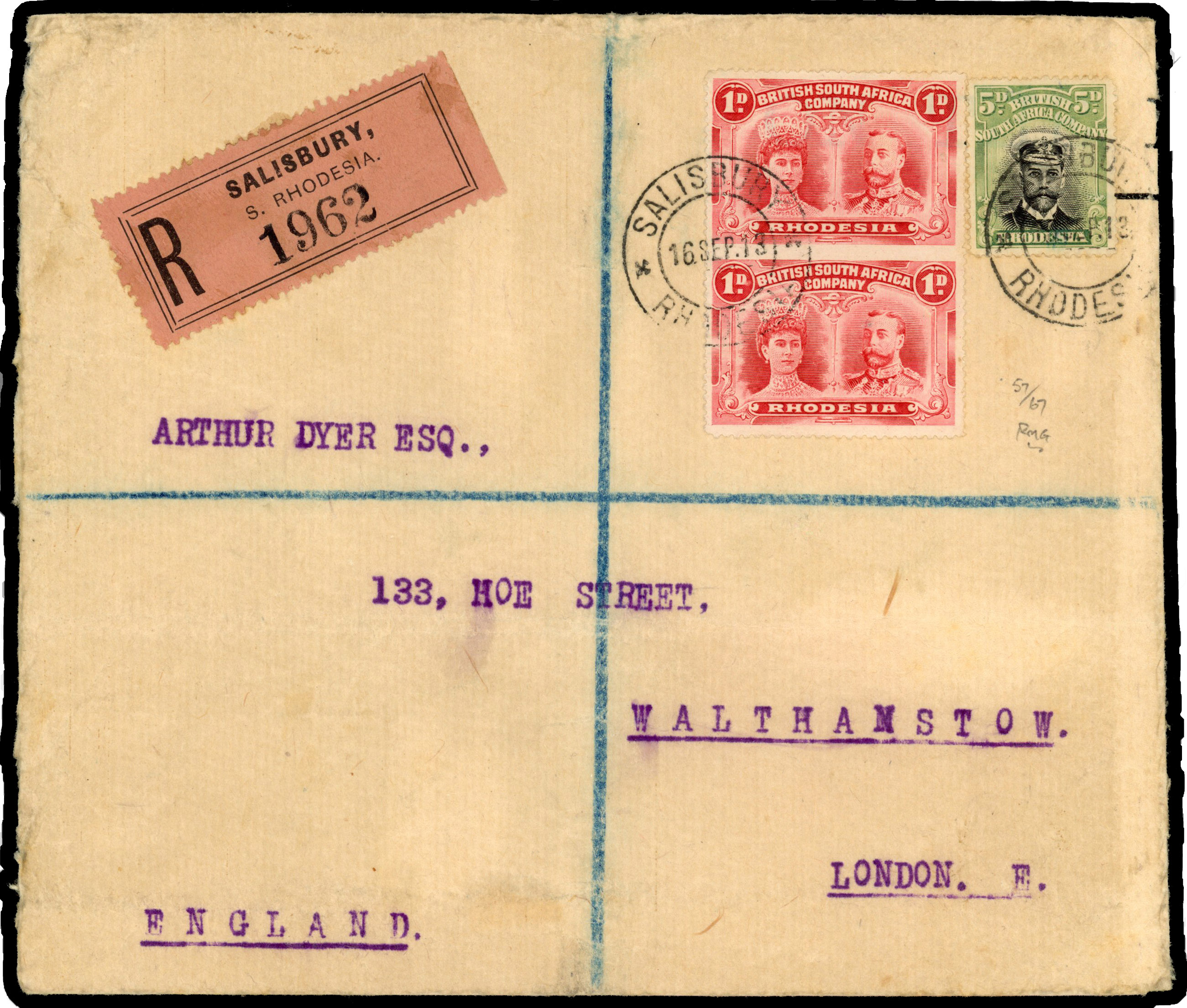 Rhodesia 1913 registered cover to London with 1d vertical pair imperf between