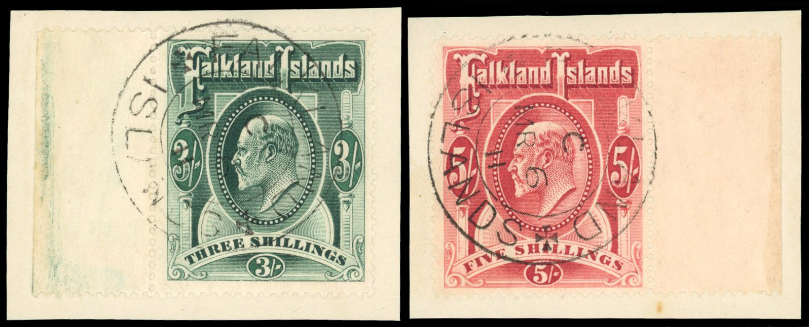 Falkland Is SG 49b, 50 1904-12 3s and 5s used on pieces
