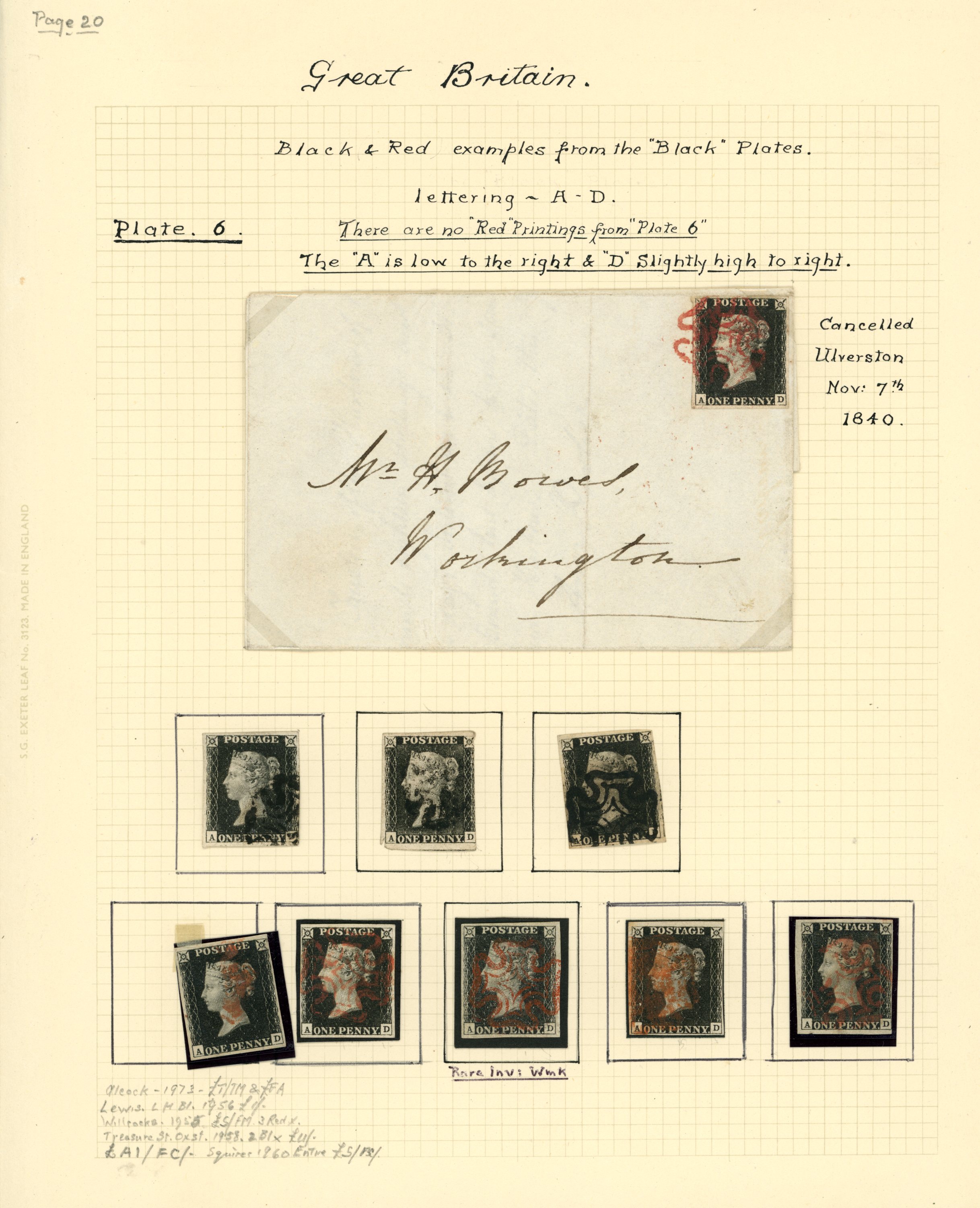1840 1d black, Plate 6, ten examples (one...