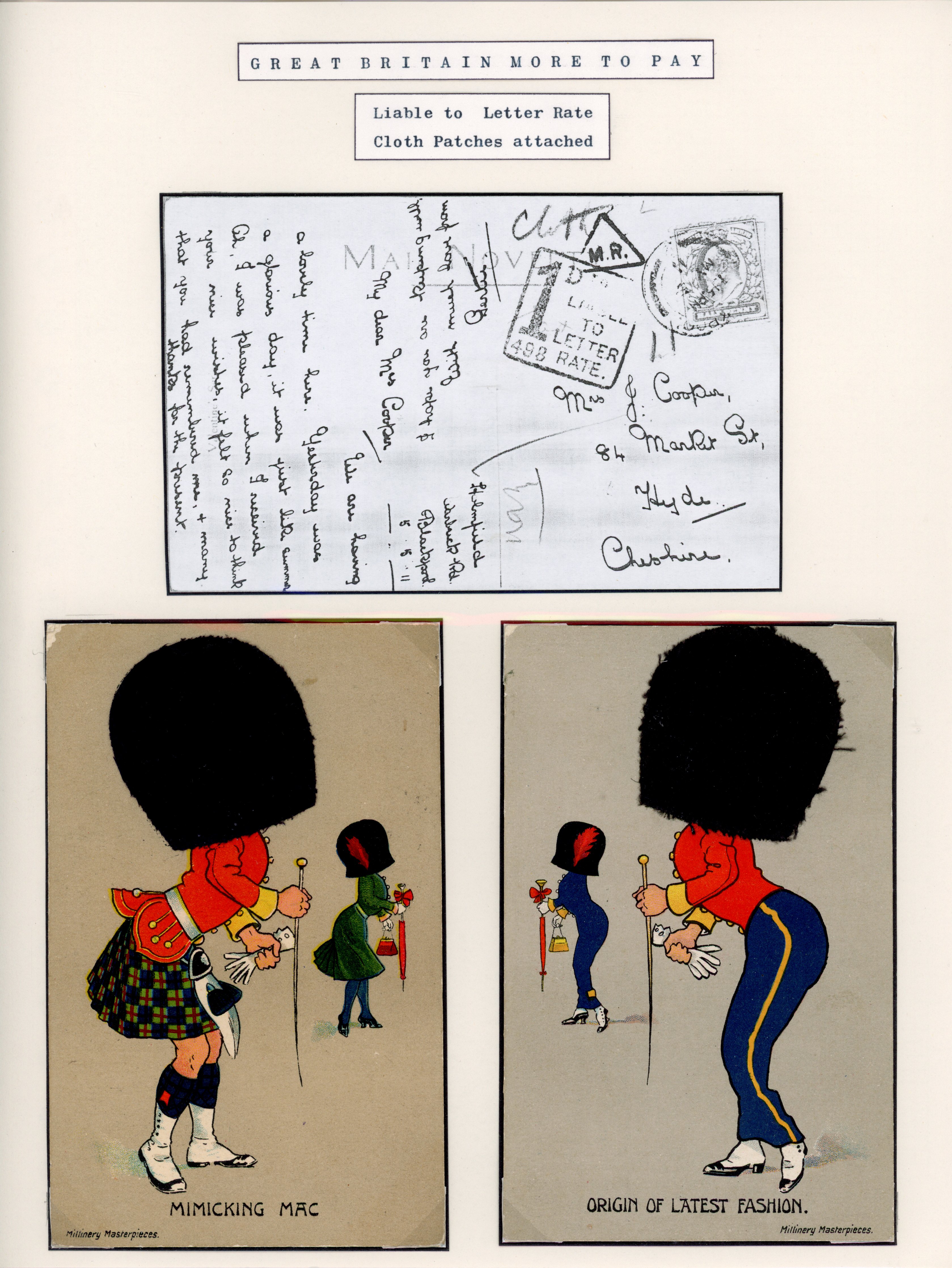 Great Britain 1911 pair of novelty postcards with cloth patches attached