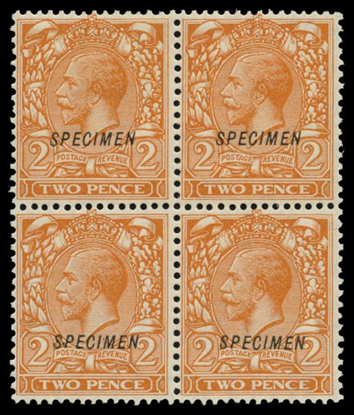 1924 2d Orange. Very fine unused o.g. block of four overprinted "SPECIMEN" type 23 double, one albino. Scarce. Spec....