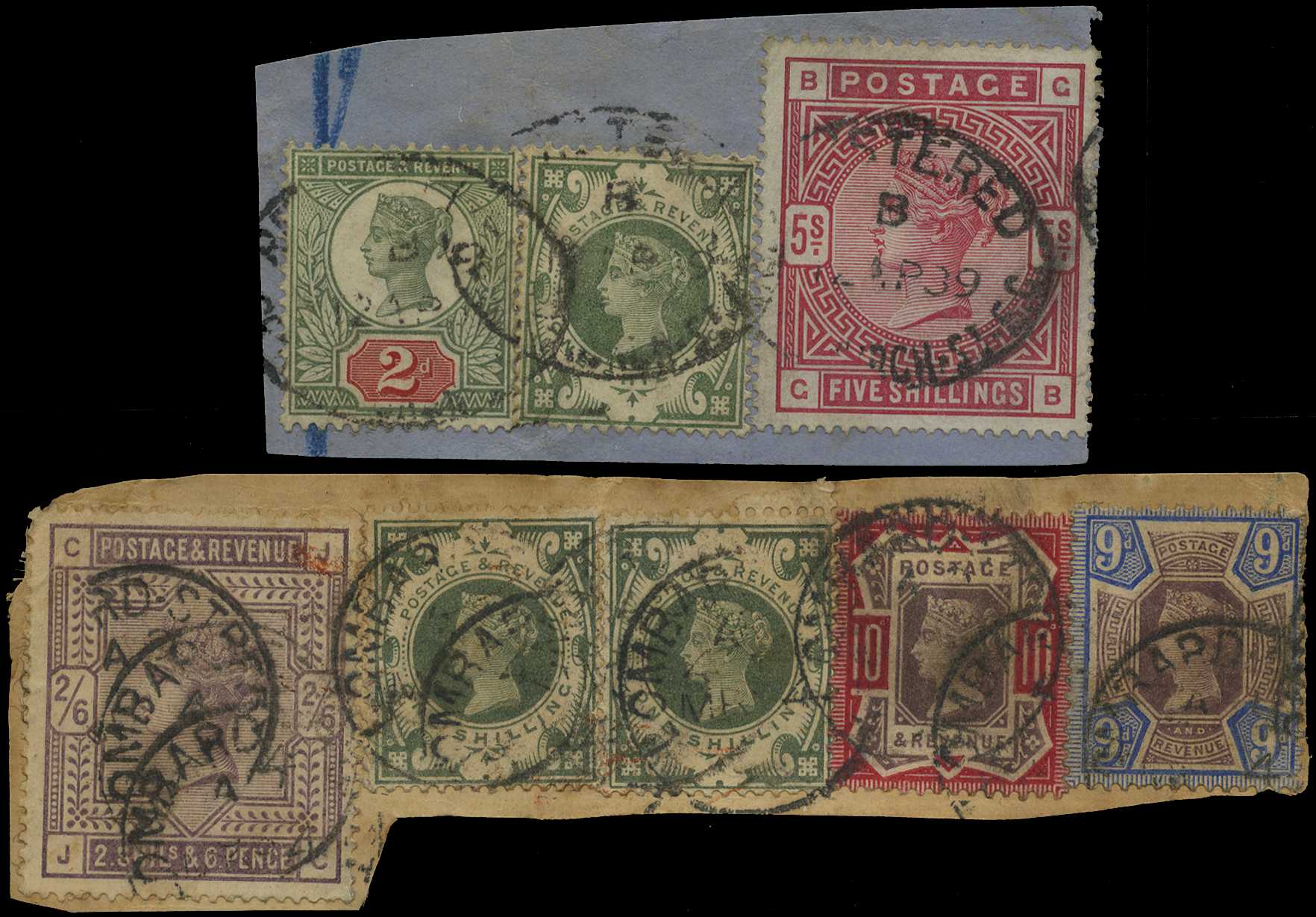 1883-84 High values used on piece, 2s6d on...