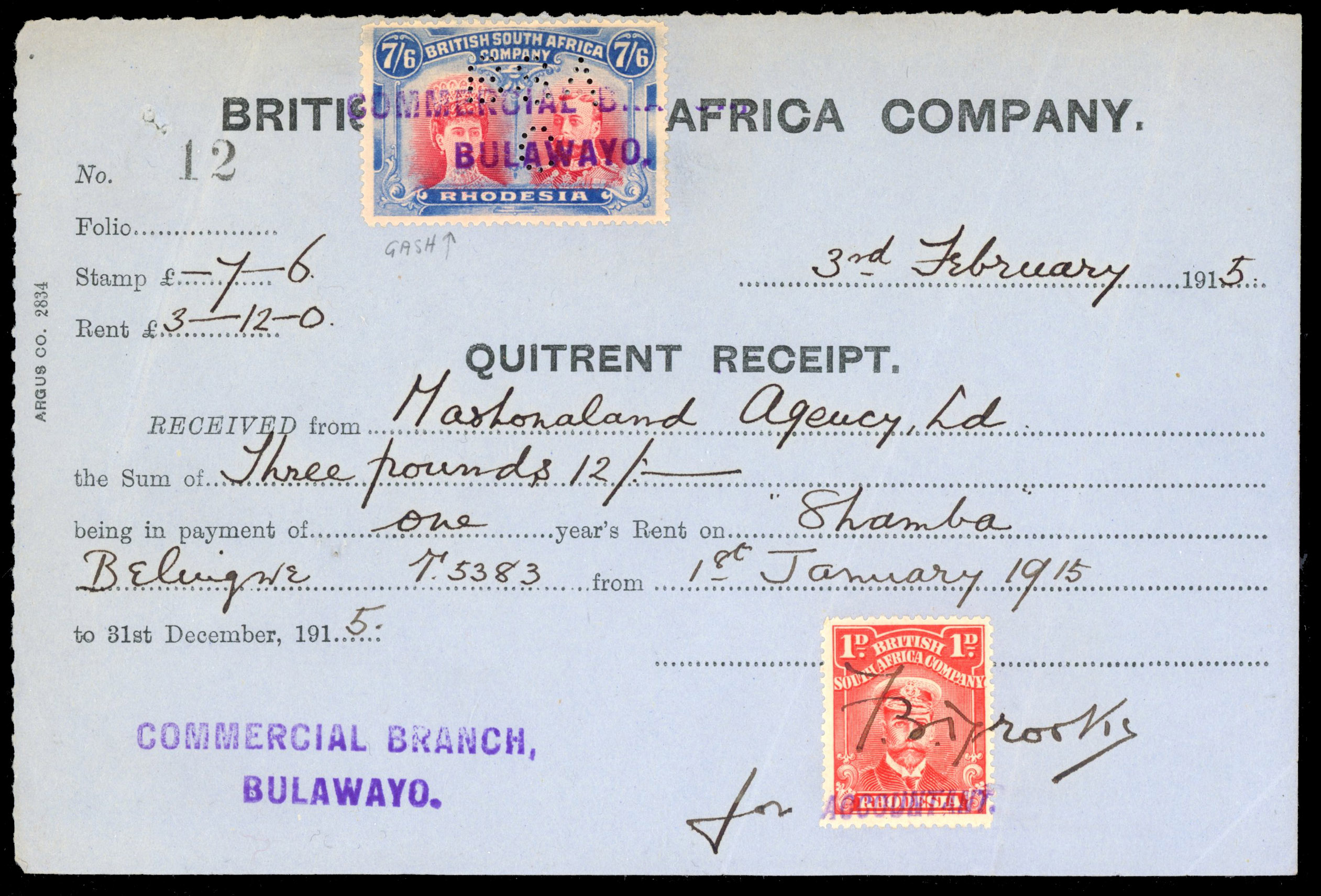 Rhodesia Revenue 7/6d carmine and light blue on Quitrent Receipt, position 2 gash in ear