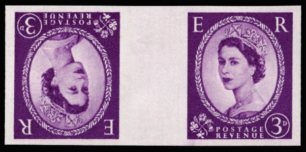 GB 1958 3d Deep lilac (Wmk. Crowns, Cream paper). Superb unmounted o.g horizontal tête-bêche gutter pair… SG575var