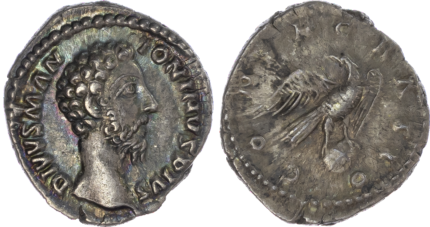 Divus Marcus Aurelius (c. AD 180) AR Denarius, struck under Commodus, Rome, 3.79g. DIVVS M AN-TONINVS PIVS, bare head of