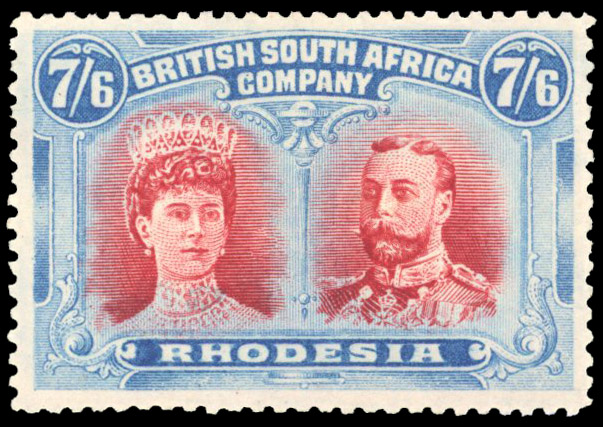 Rhodesia 1910-13 7s6d deep rose-red and (brighter, greenish) deep dull blue perf 14