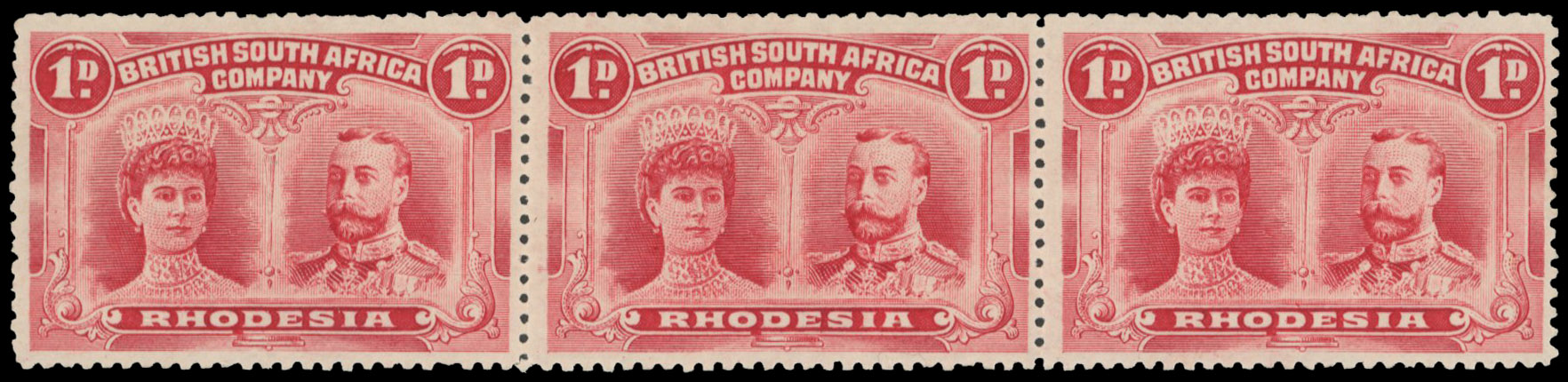 1d carmine-red SG 124 strip, positions 73-5B, each with 'OD' flaw mint