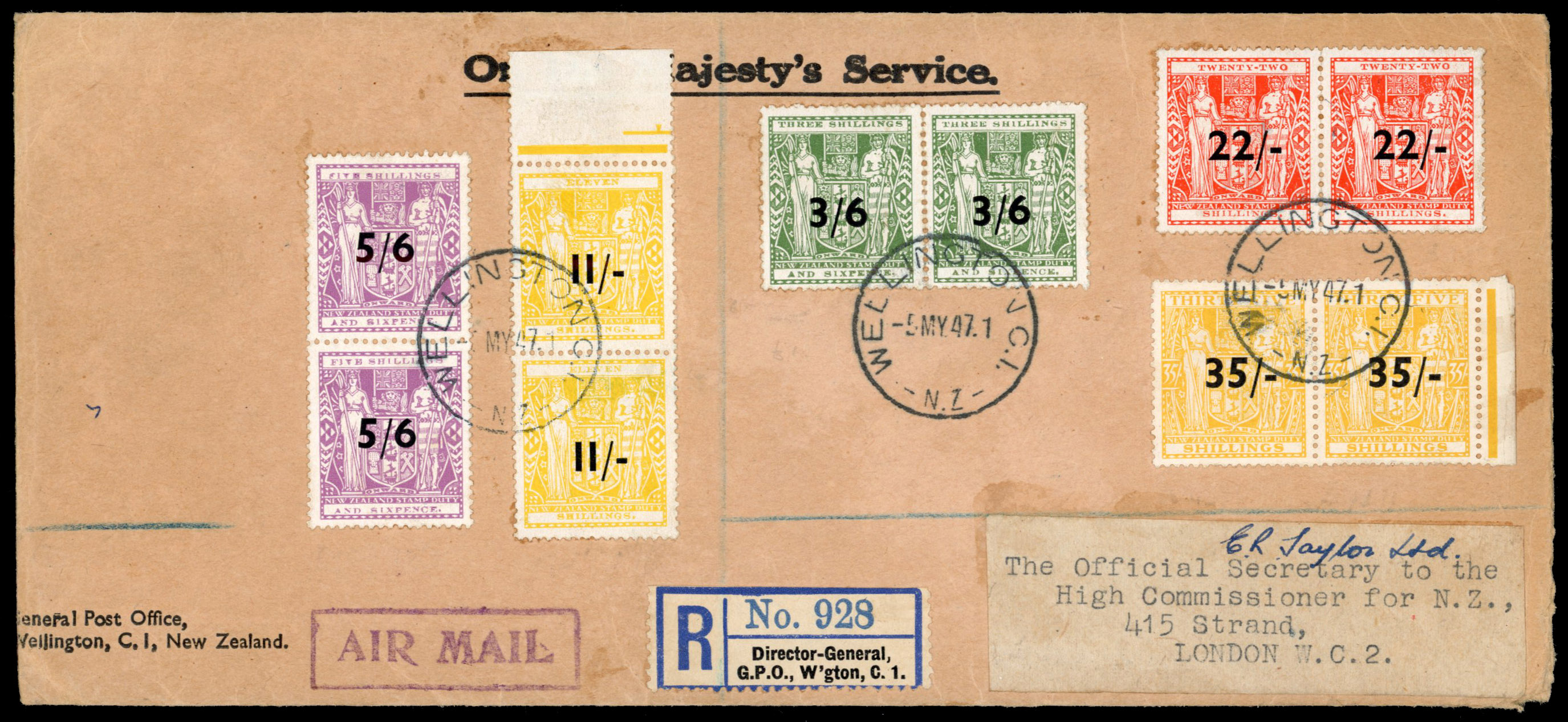 New Zealand 1947 cover to England with postal fiscals to 35s on 35s