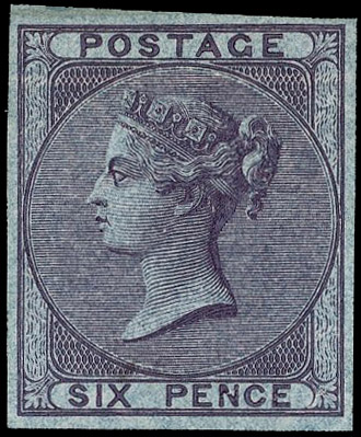 1856 6d Deep lilac (Thick highly glazed paper) Pl.1. Superb unused four margin imperforate imprimatur, lovely deep colou…