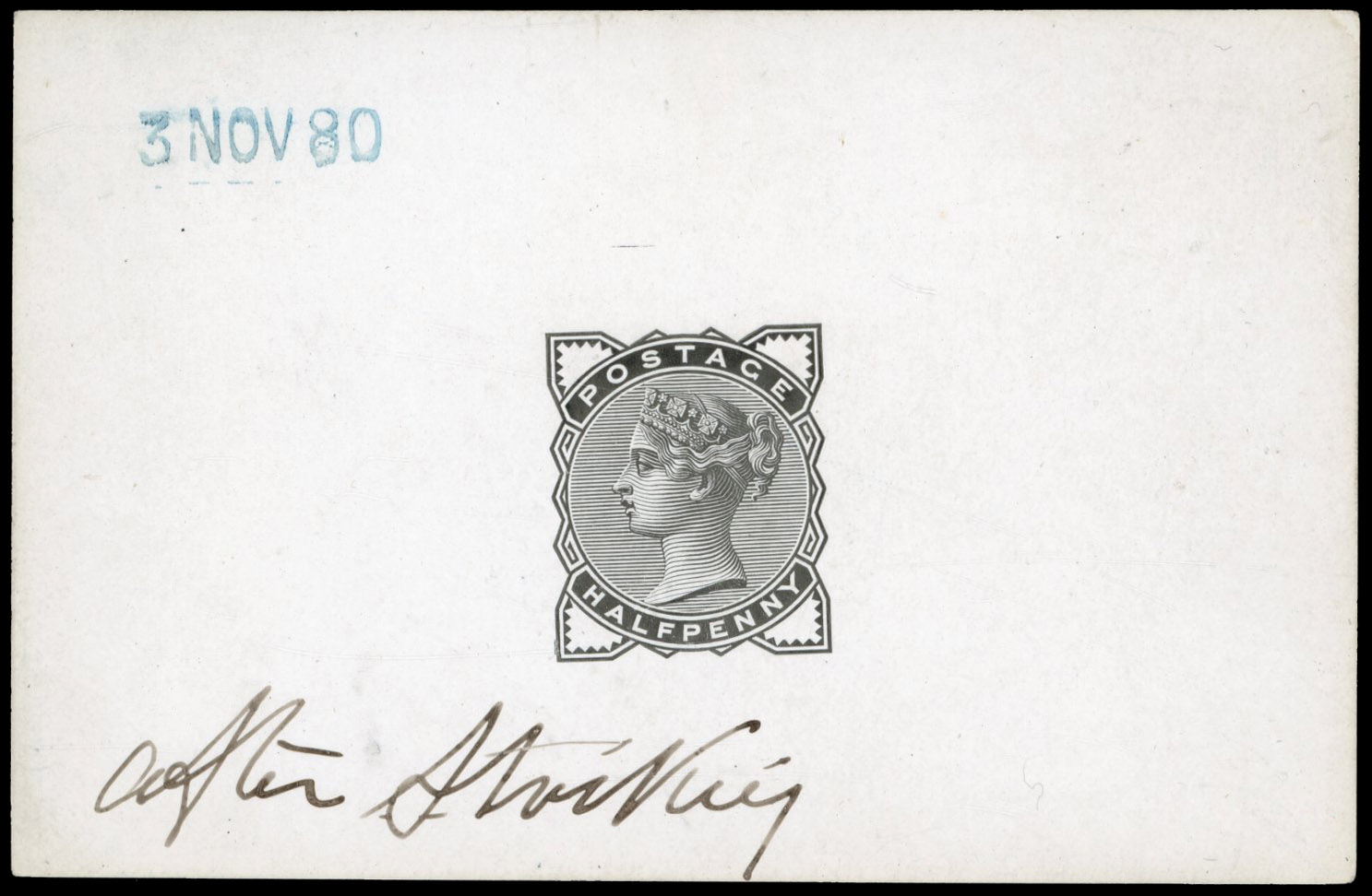 GB 1880-81 ½d die proof, printed in black on white glazed card, For SG 164