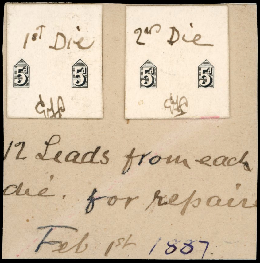 GB 1887-92 stamp-sized die proofs for duty Plates Die I and II on DLR striking book piece, For SG 207/207a